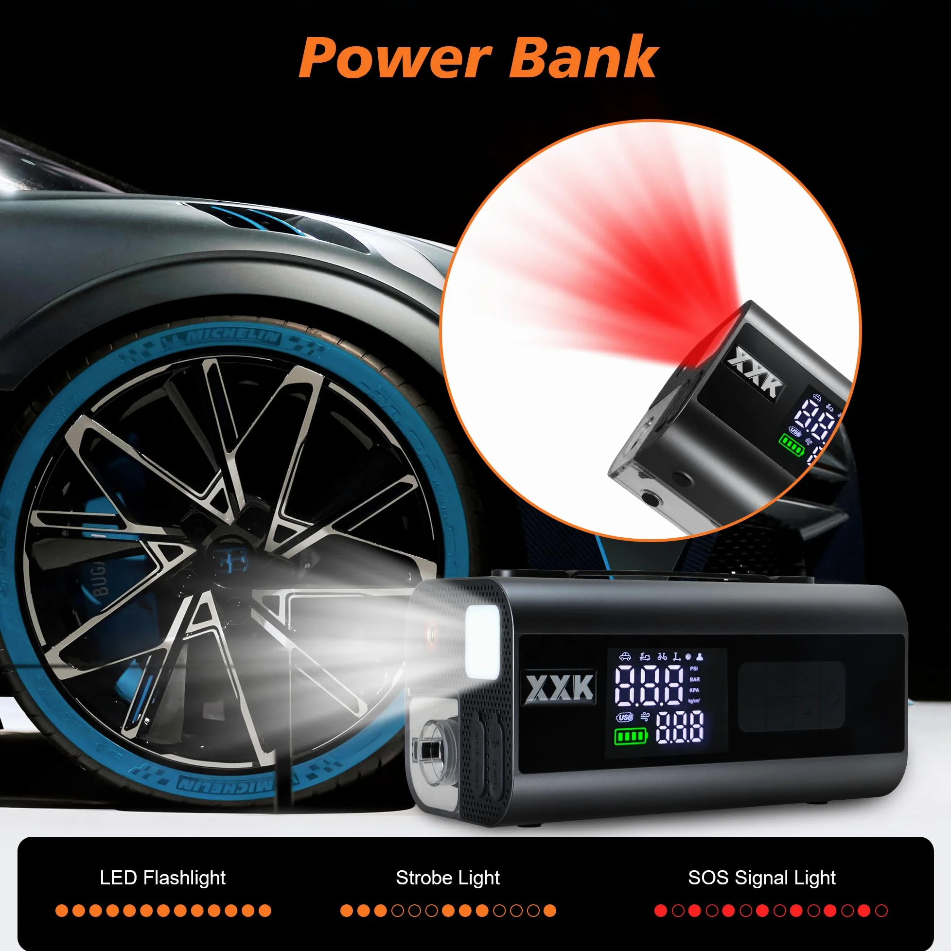 Gonfleur de pneu portable et démarreur de voiture, pompe à air de 150 PSI avec jauge numérique, lumière LED, arrêt automatique, aspiration et soufflage d'air, pour balles de voiture, moto, vélo