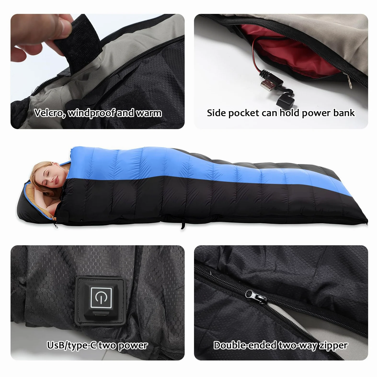 Sac de couchage 3-4 saisons pour adultes et enfants, léger et compact, lavé à l'eau pour le camping, la chasse, etc. (noir et orange)