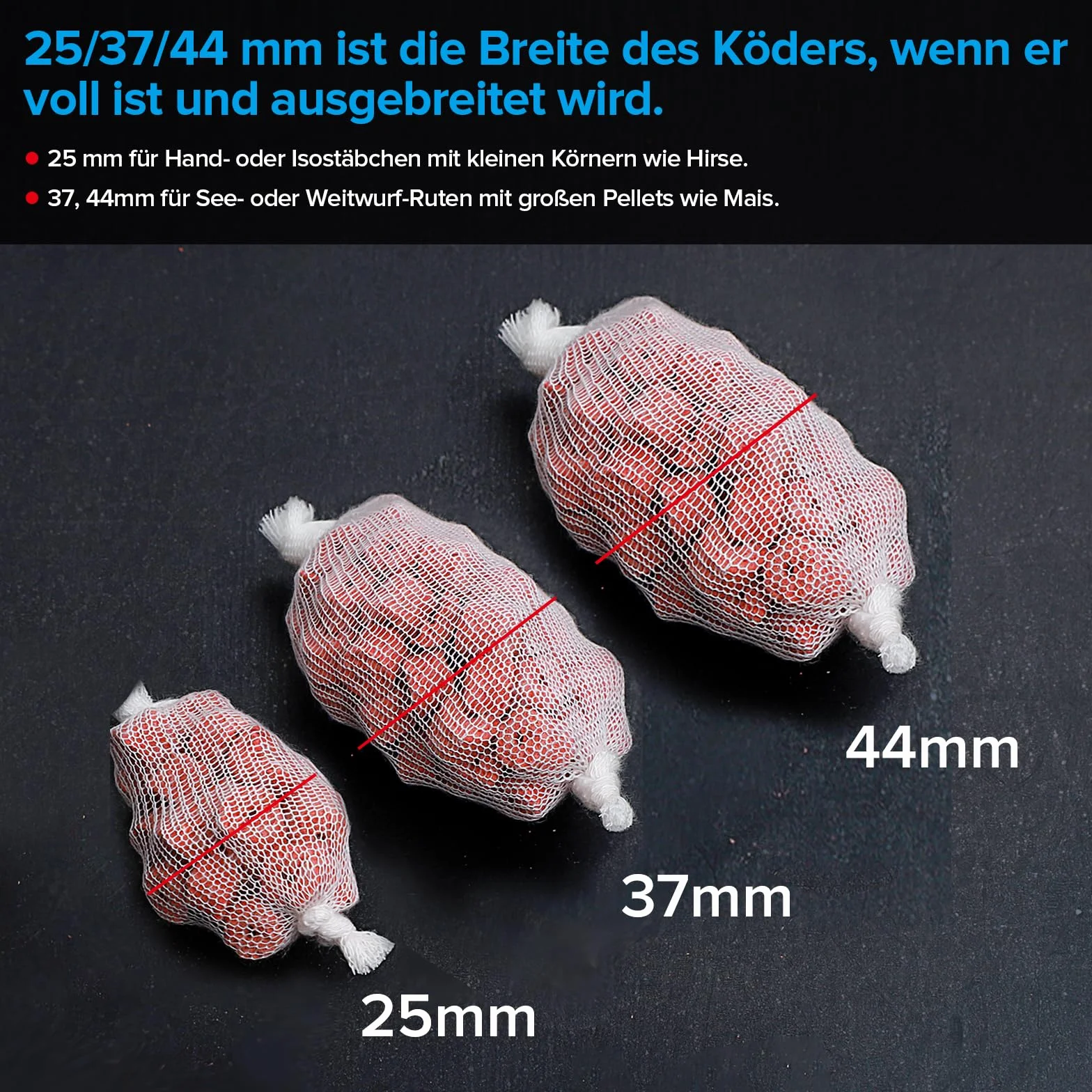 Realure Lot de 3 filets de pêche en PVA de 5 m - 25 mm/37 mm/44 mm de large - En maille PVA - Accessoires de pêche à la carpe - Avec ciseaux - Fondant rapidement - Sacs de pêche en PVA - Pour appâts