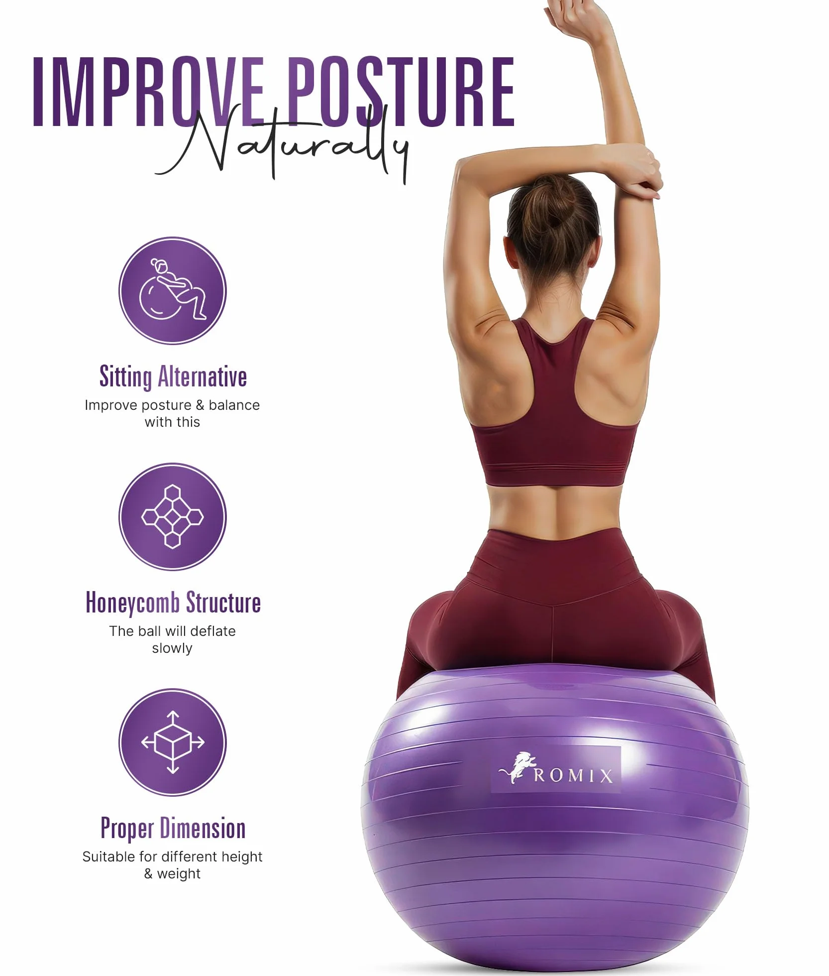 ROMIX Balle Gymnastique 65cm Anti Éclatement avec Pompe Rapide