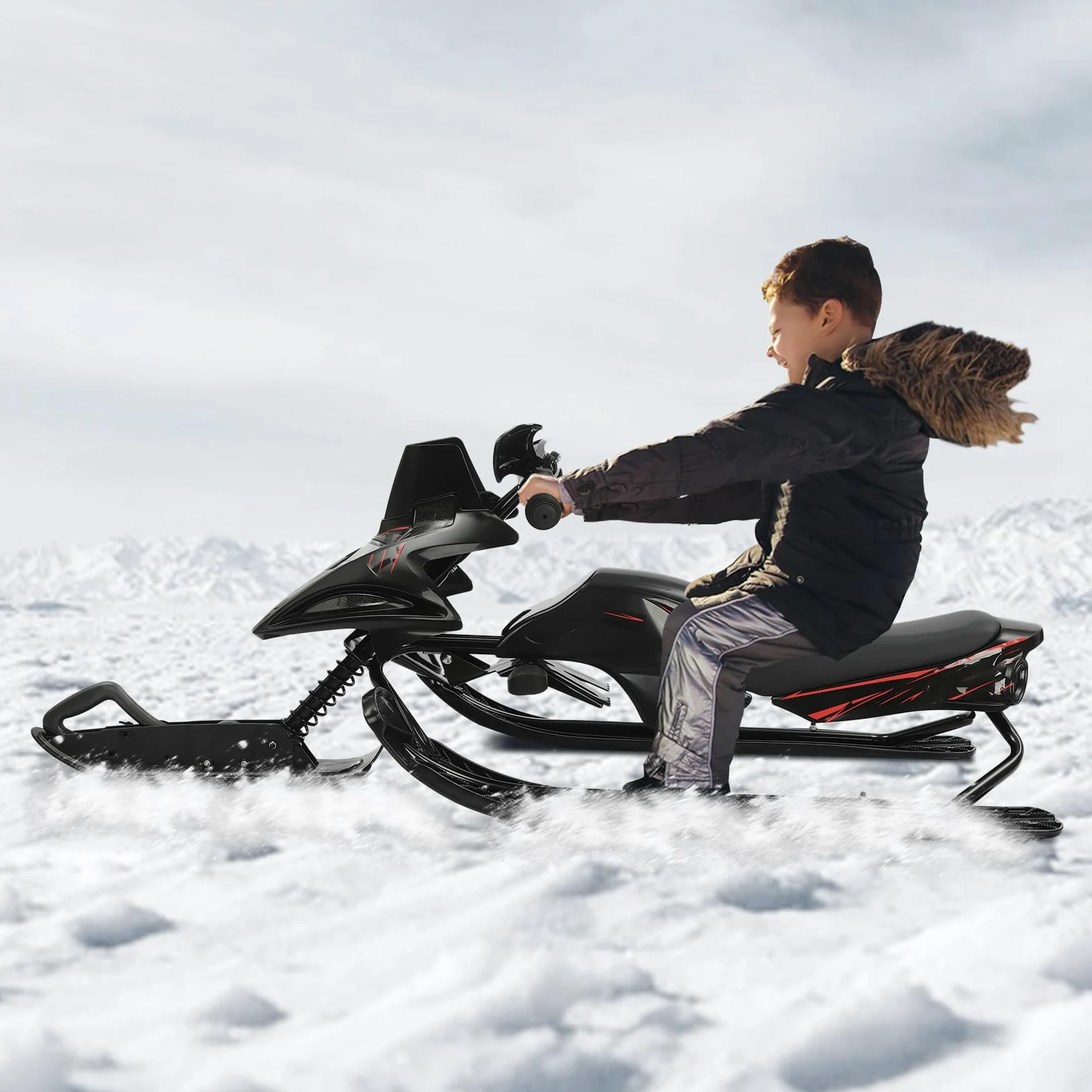 Luge de direction pour enfants avec freins, idéale pour les sports de neige en polyéthylène et fer, convient aux enfants de plus de 3 ans, avec rembourrage réglable et capacité de charge stable