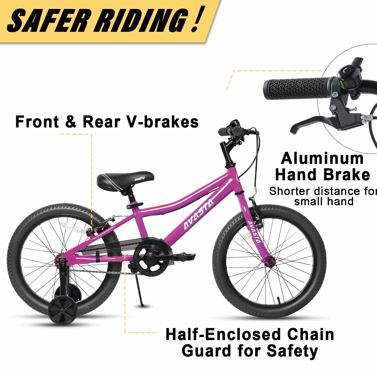 AVASTA Vélo Enfant 18 Pouces avec Freins à Main, Béquille, Siège Réglable, Rose