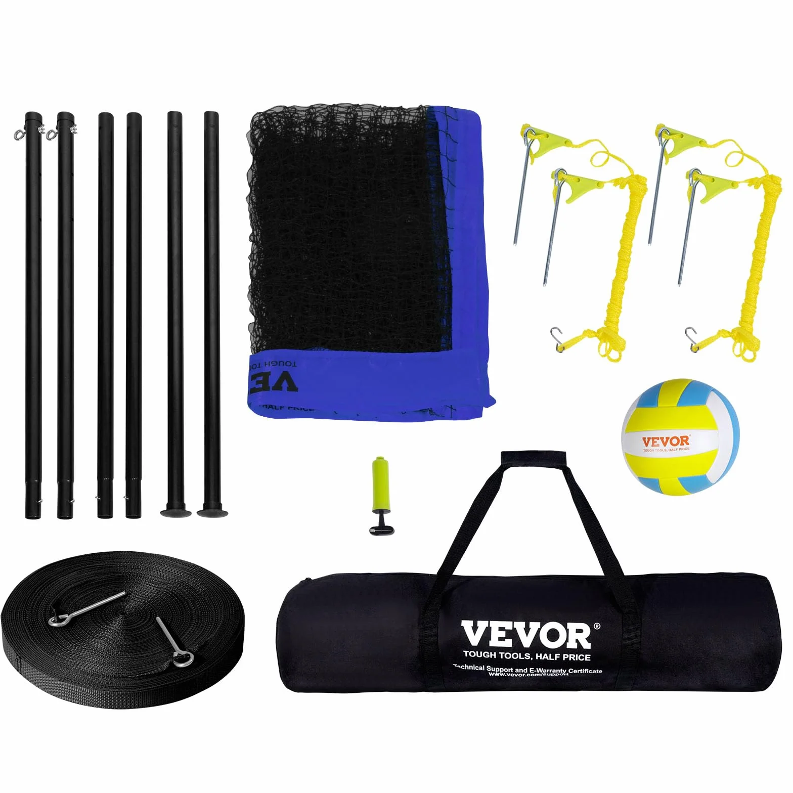 VEVOR Filet de Volley-Ball Portable d'Extérieur, Poteaux en Acier Réglable, Ensemble avec Ballon PVC, Pompe et Sac