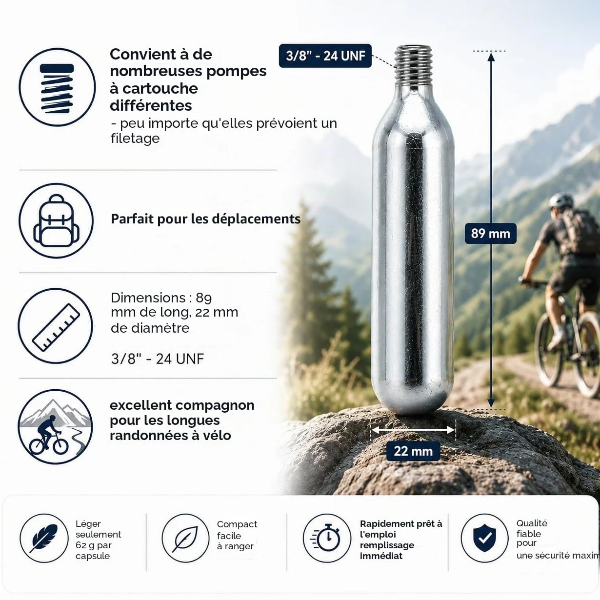 Cartouches CO2 16g Filetée pour Pompe à CO2 - Gonfleur Pneu Vélo Route VTT