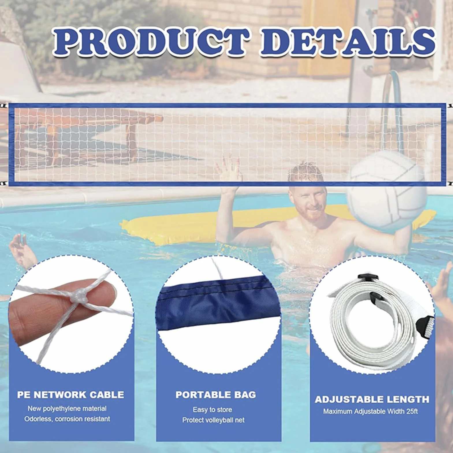Filet de Volley pour Piscine - Jeu de Volley Ball Portable avec Accessoire Sportif Réglable