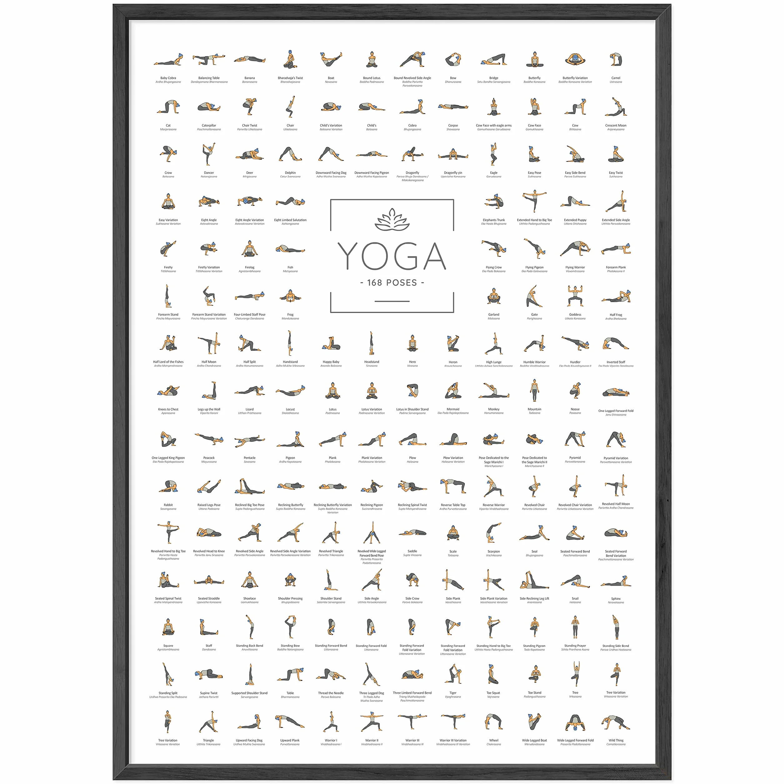 Poster de Yoga DIN A2 168 postures et asanas, accessoires de yoga pour studios et domicile JUNOMI