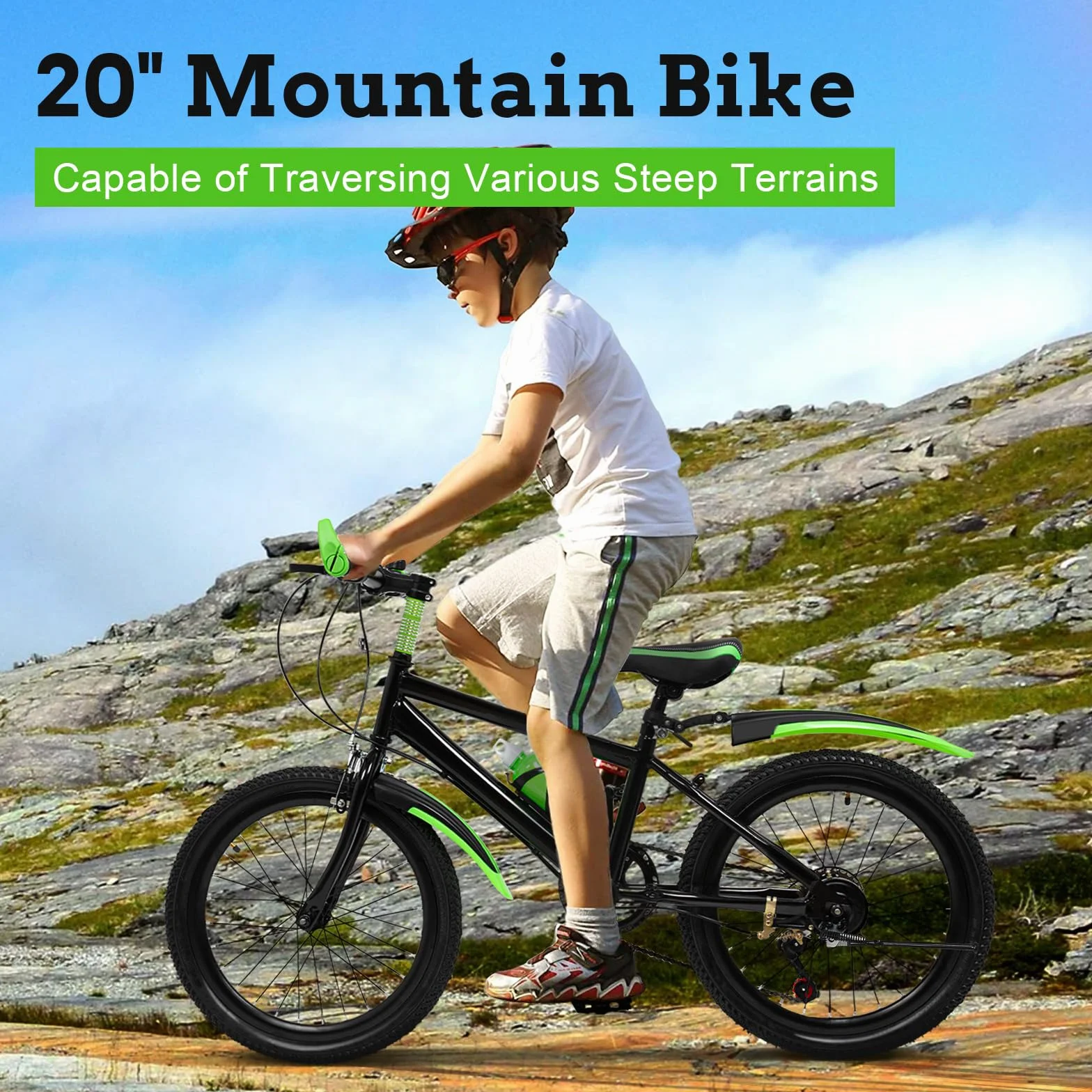 Vélo VTT 20 pouces enfant 7 vitesses acier au carbone 85 kg
