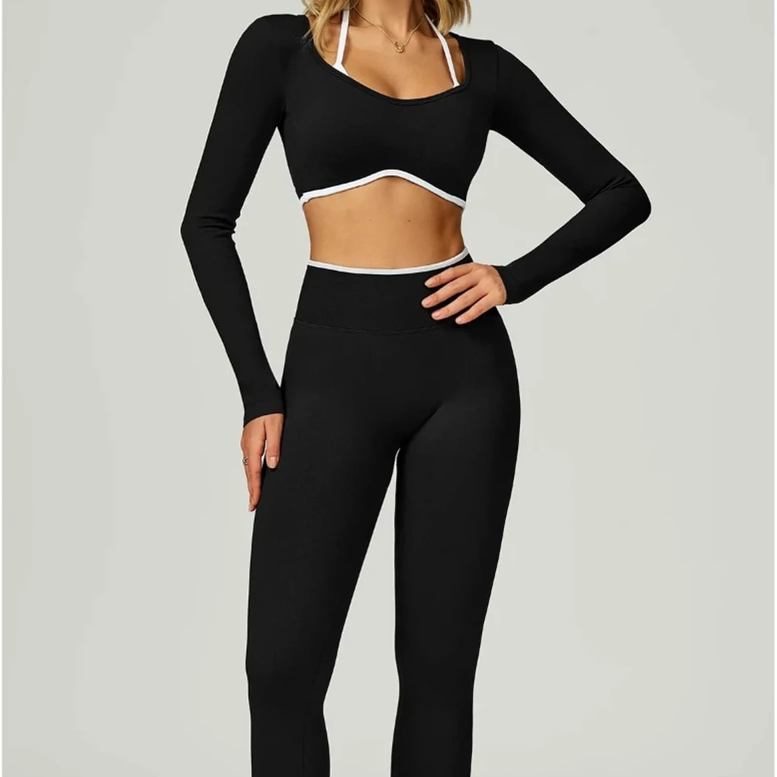 Ensemble Yoga Femme Haut Court de Yoga for Femmes, 2 pièces, Gilet à Manches Longues, Dos Ouvert, Chemises Fitness avec Coussinets, Haut d'entraînement sans Couture