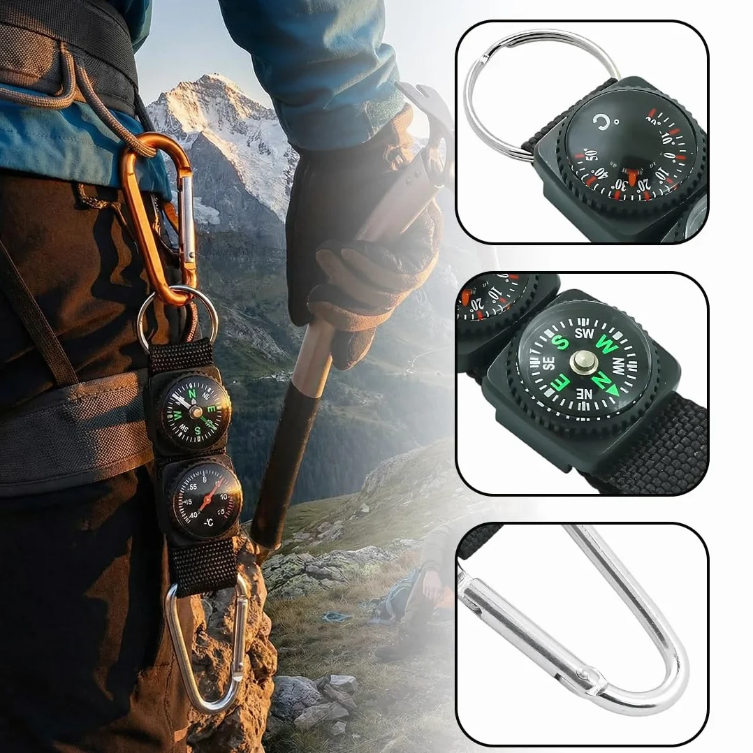 Porte-clés Boussole avec Thermomètre Multifonctionnel pour Randonnée Camping Extérieur