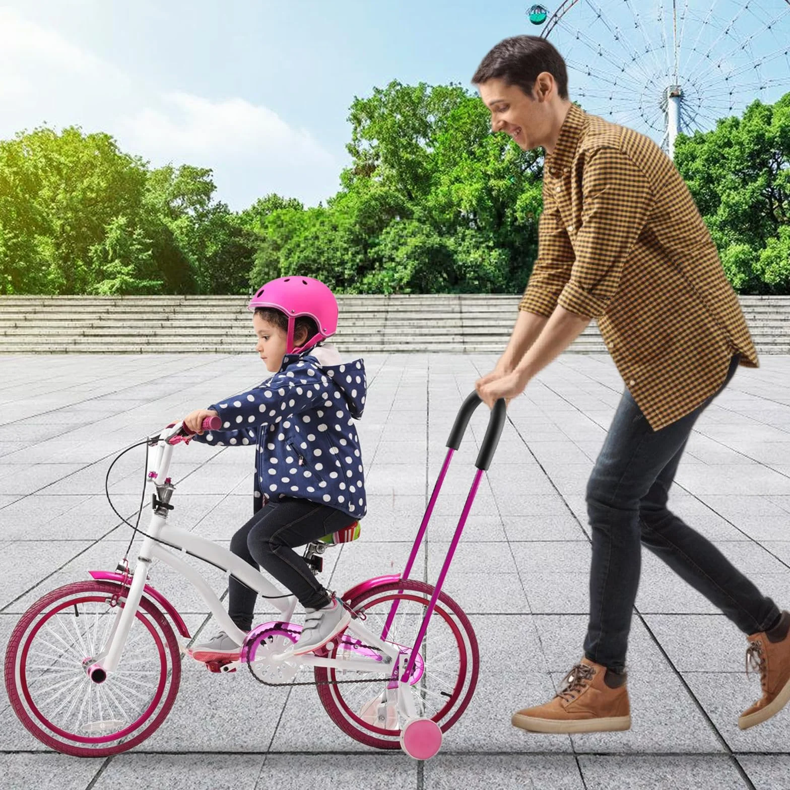 PORFOYO Barre de Poussée pour Vélo Enfant, Poignée d'Apprentissage, Accessoire Cyclisme Sécurité (Rose)