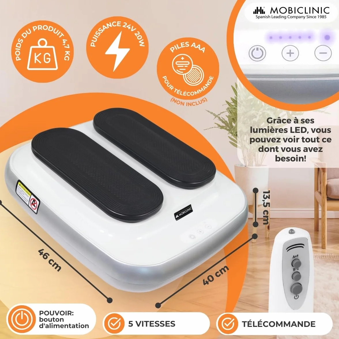 Mobiclinic Legfit exerciseur de jambes électrique 5 vitesses marche assise télécommande blanc