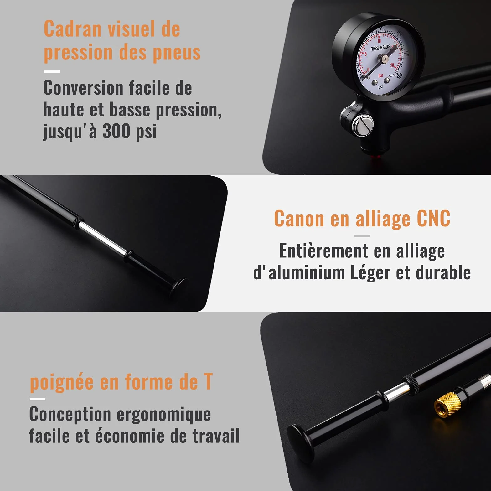 Diyife Pompe Amortisseur Haute Pression 300 PSI Mini Portative Shock Pump pour Fourche Avant Suspension Arrière Vélos VTT