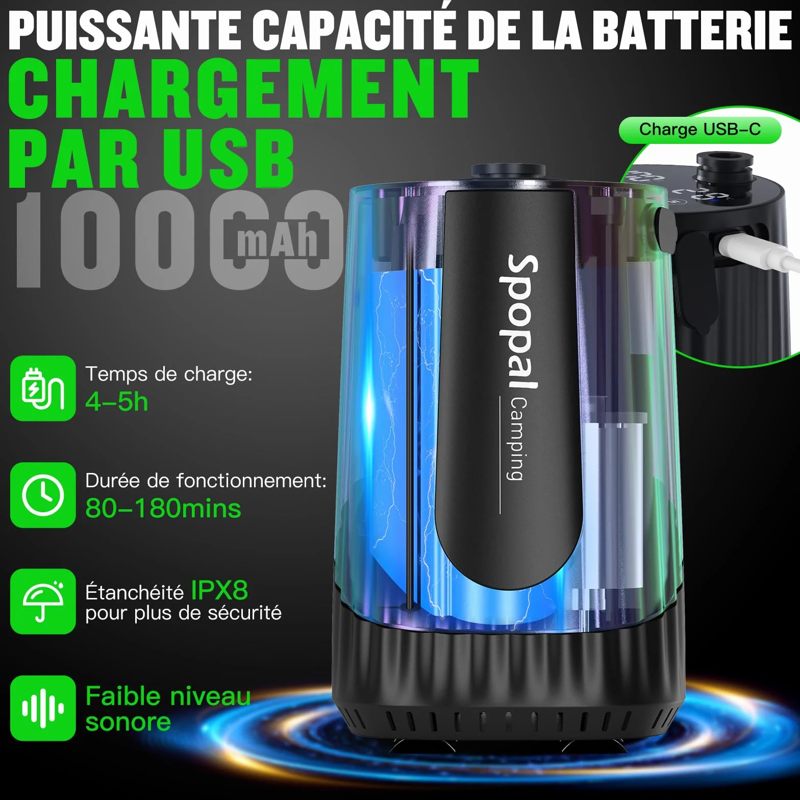 Spopal Douche Portable Camping Rechargeable 10000mAh avec Afficheur Intelligent 5 Vitesses Réglables