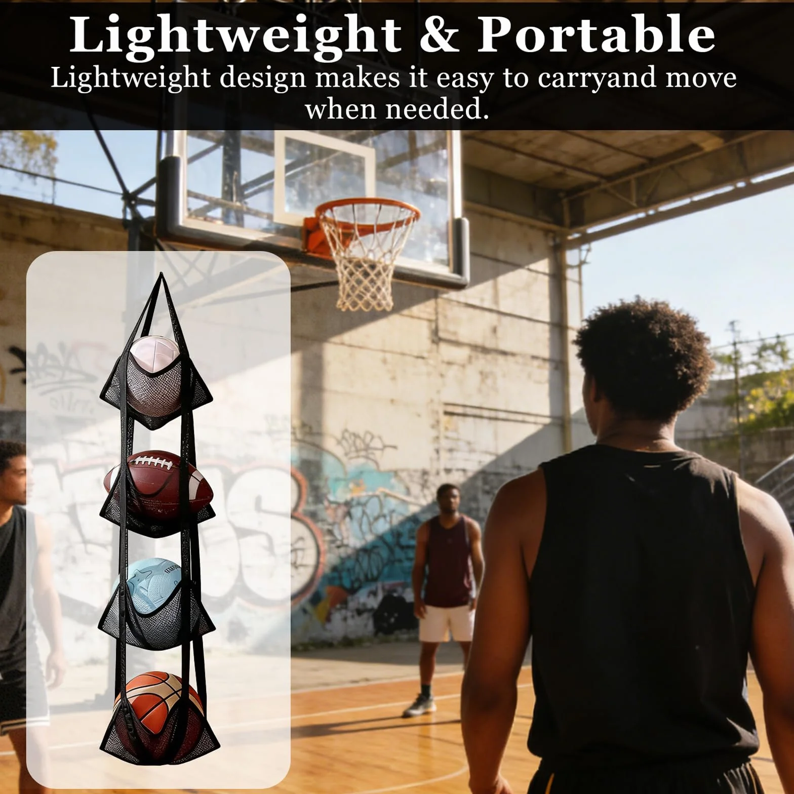 Rangement Ballon Mural Suspendu 4 Niveaux, Support Ballon en Nylon pour Basketball Football Volleyball, Organisateur Garage Cave (Noir)