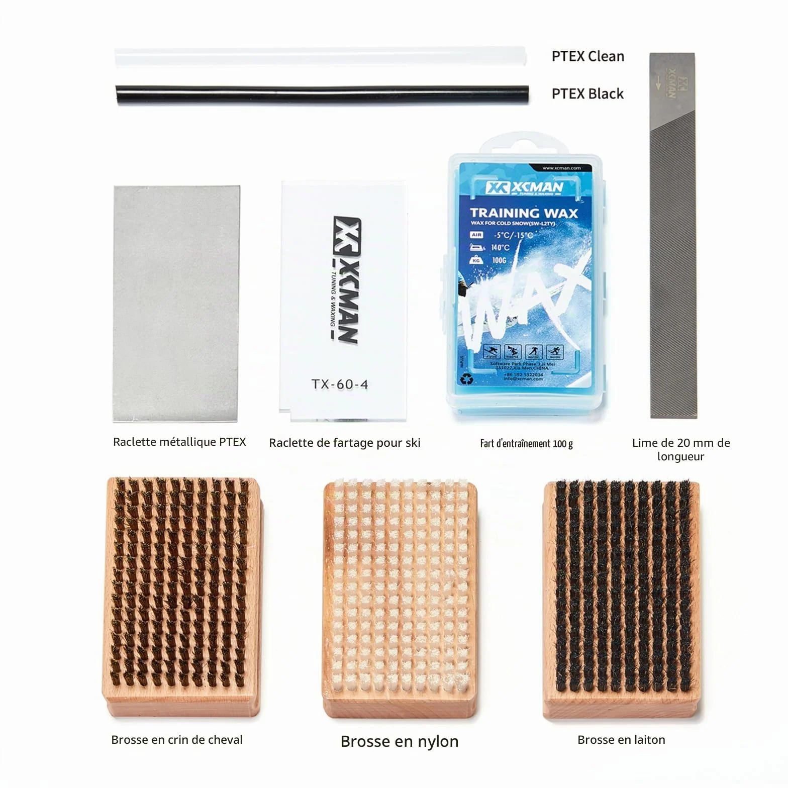 XCMAN Kit de brosses de réglage pour Ski et Snowboard - Nylon, Laiton, Crin de Cheval - Grattoir en métal - Lime Plate en Ptex, Boîte Bleue