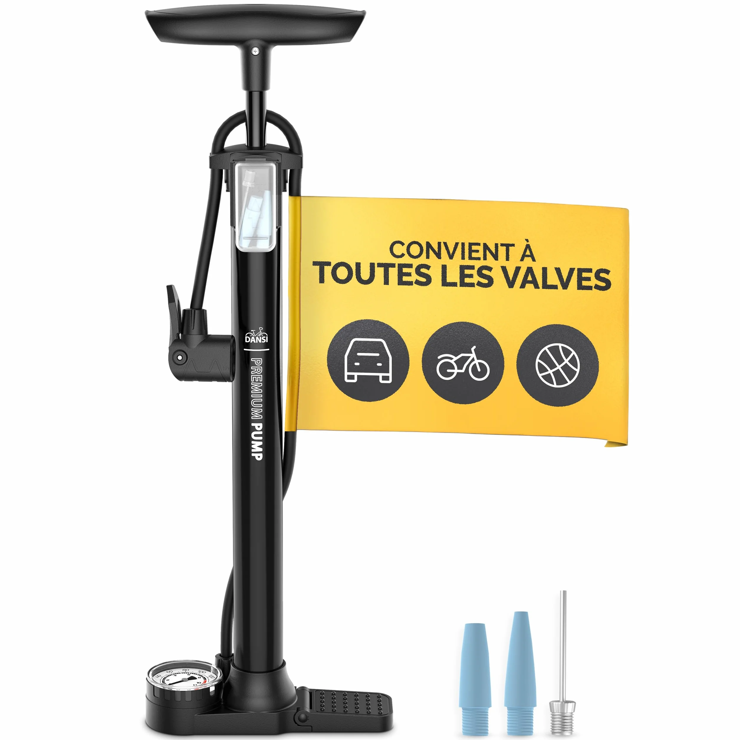 DANSI Pompe à vélo à Pied Toutes valves AV, SV, DV avec Grand manomètre