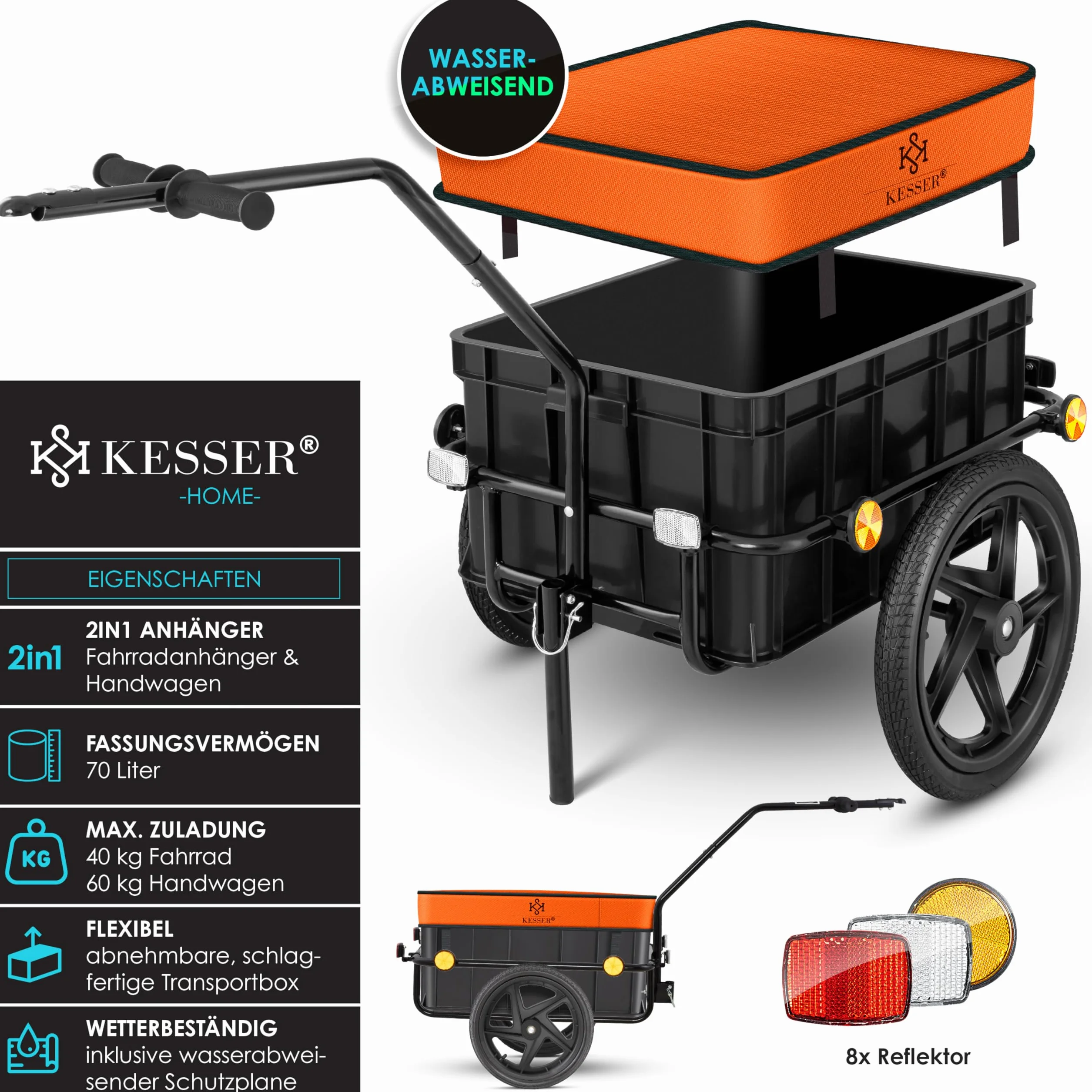 KESSER® Remorque Vélo Chariot Transport 70L 60kg