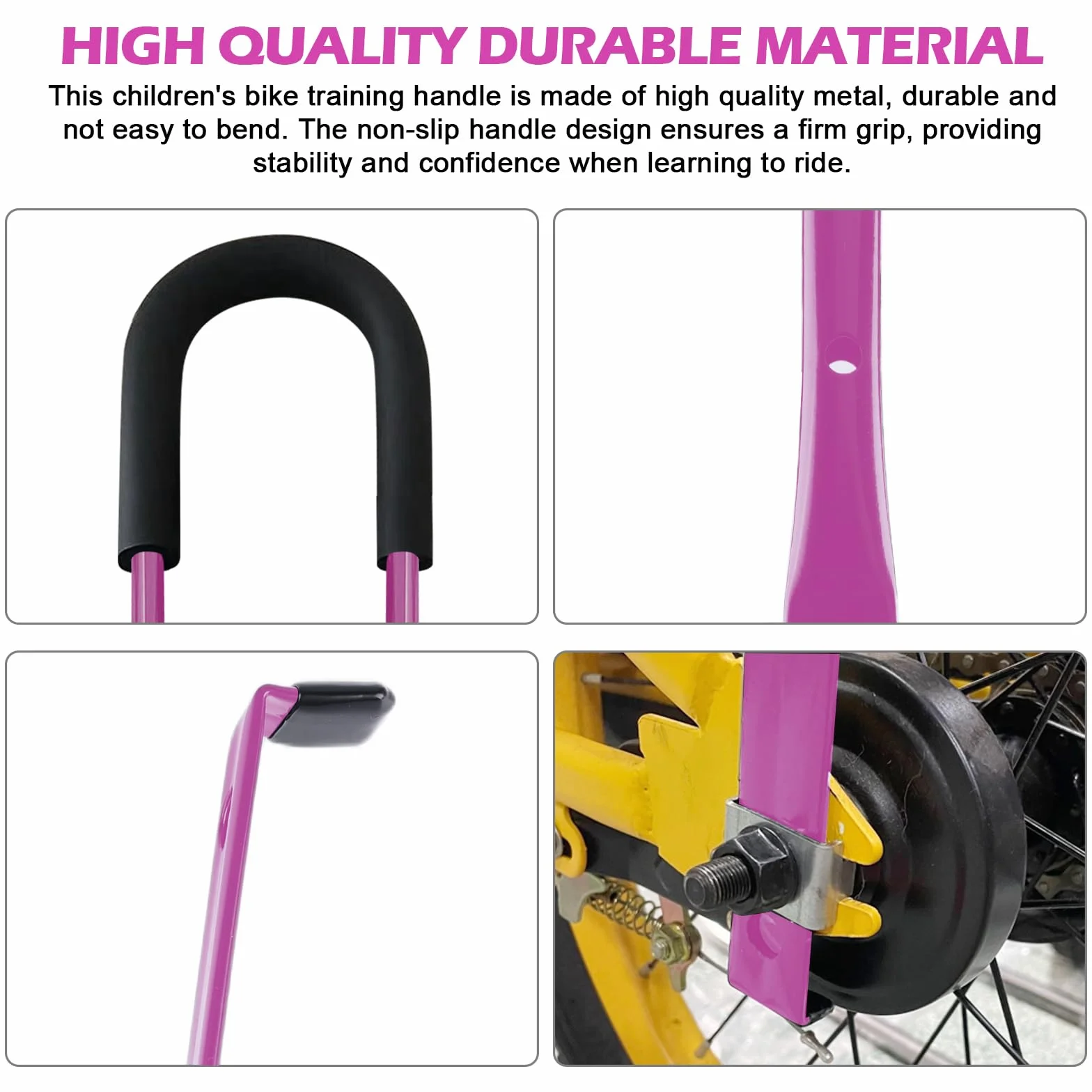 PORFOYO Barre de Poussée pour Vélo Enfant, Poignée d'Apprentissage, Accessoire Cyclisme Sécurité (Rose)