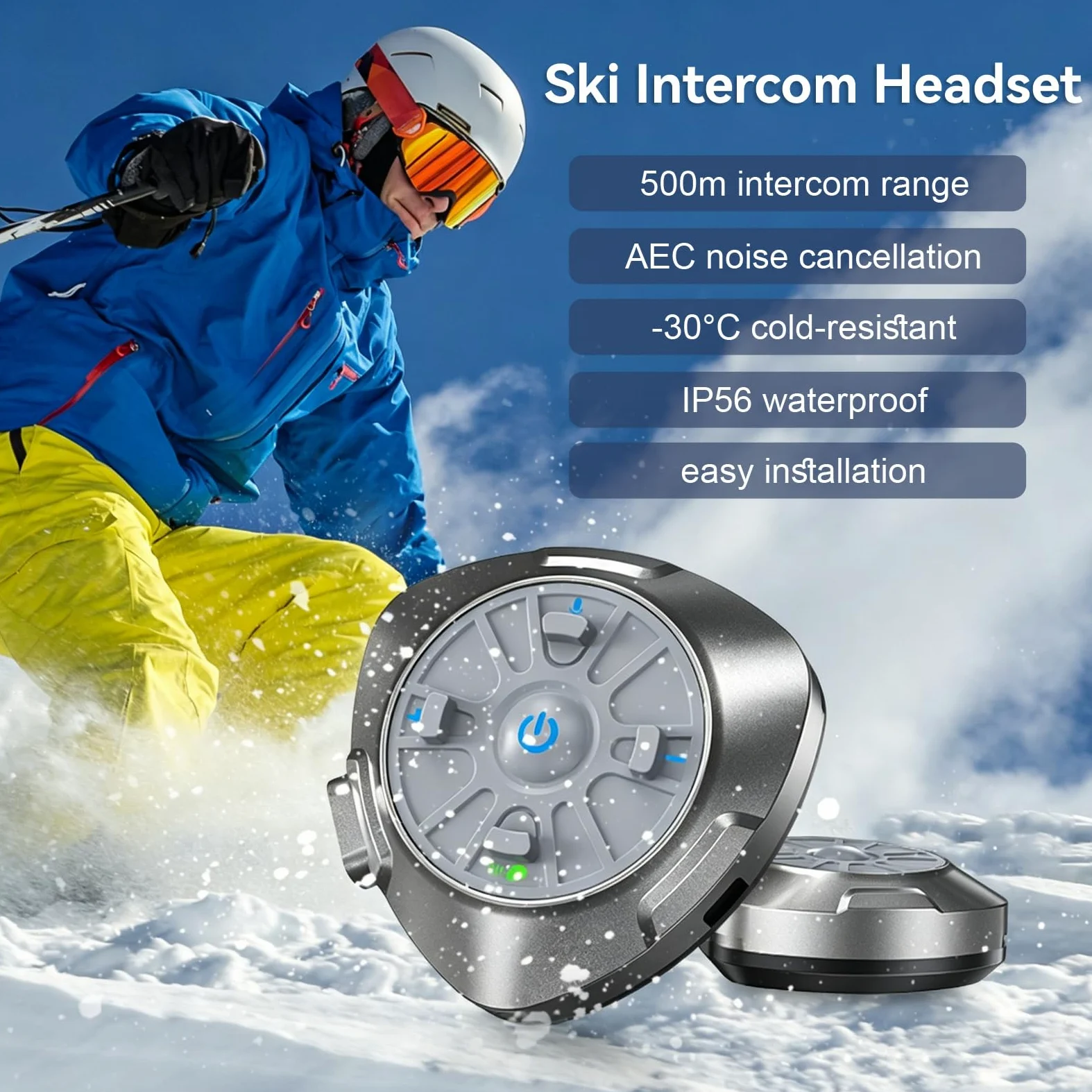 Casque de ski interphone Bluetooth avec microphone antibruit pour casque de ski, snowboard, appels mains libres et musique, système de communication bidirectionnel de portée 500 m, étanchéité IP56