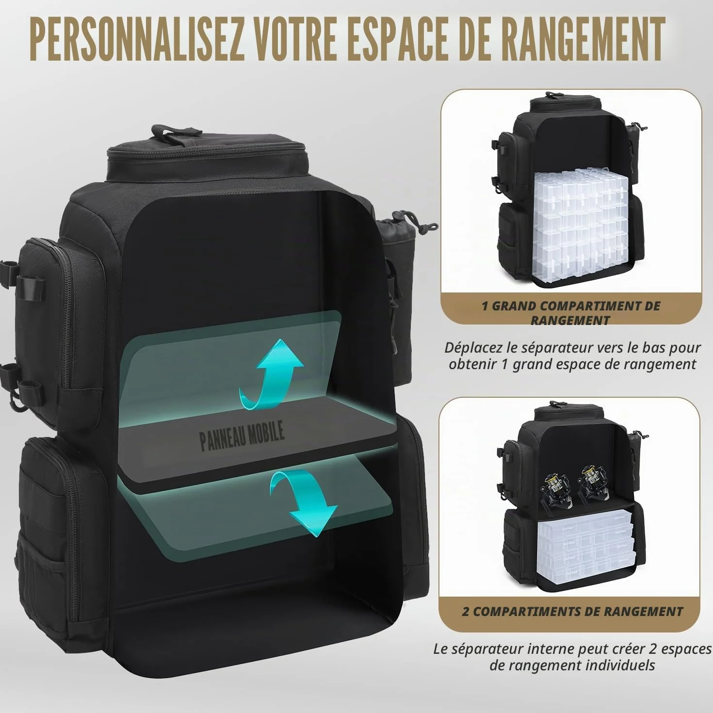 Sac à Dos de Pêche 50L avec Supports de Canne et Compartiment Réfrigéré Résistant à l'eau Noir