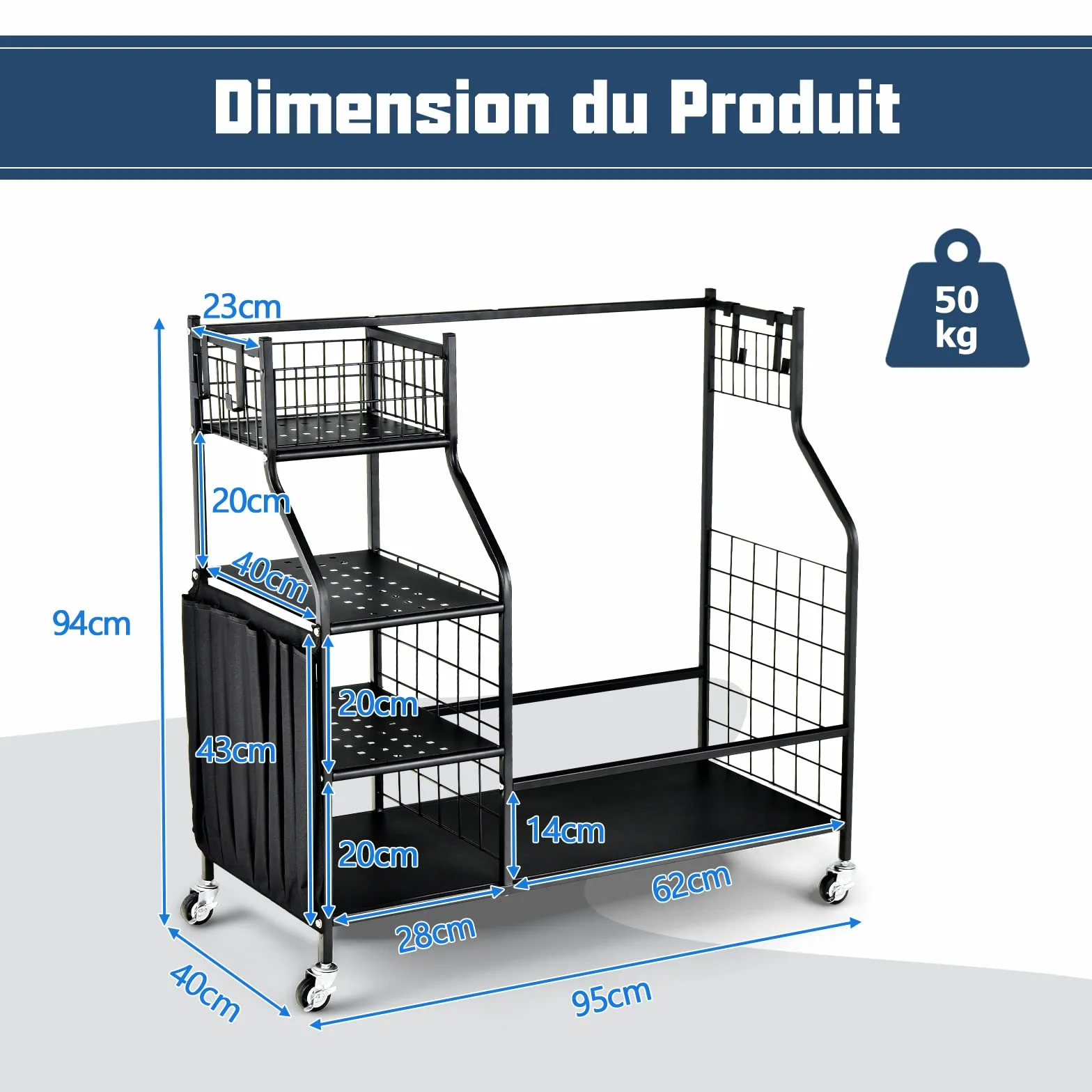 COSTWAY Support de Rangement pour Sac de Golf avec Roues Universelles Verrouillables, Organisateur de Stockage en Métal pour Accessoires Golf avec Étagère et 4 Crochets
