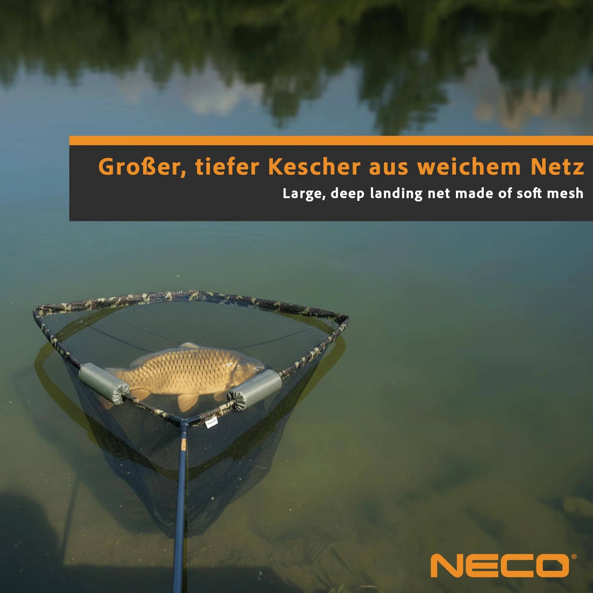 NECO Épuisette à Carpe 100x100 cm avec Flotteurs - Grand Filet Pliable et Léger avec Étui, Panier Profond pour la Pêche aux Poissons et Carpes (70202)