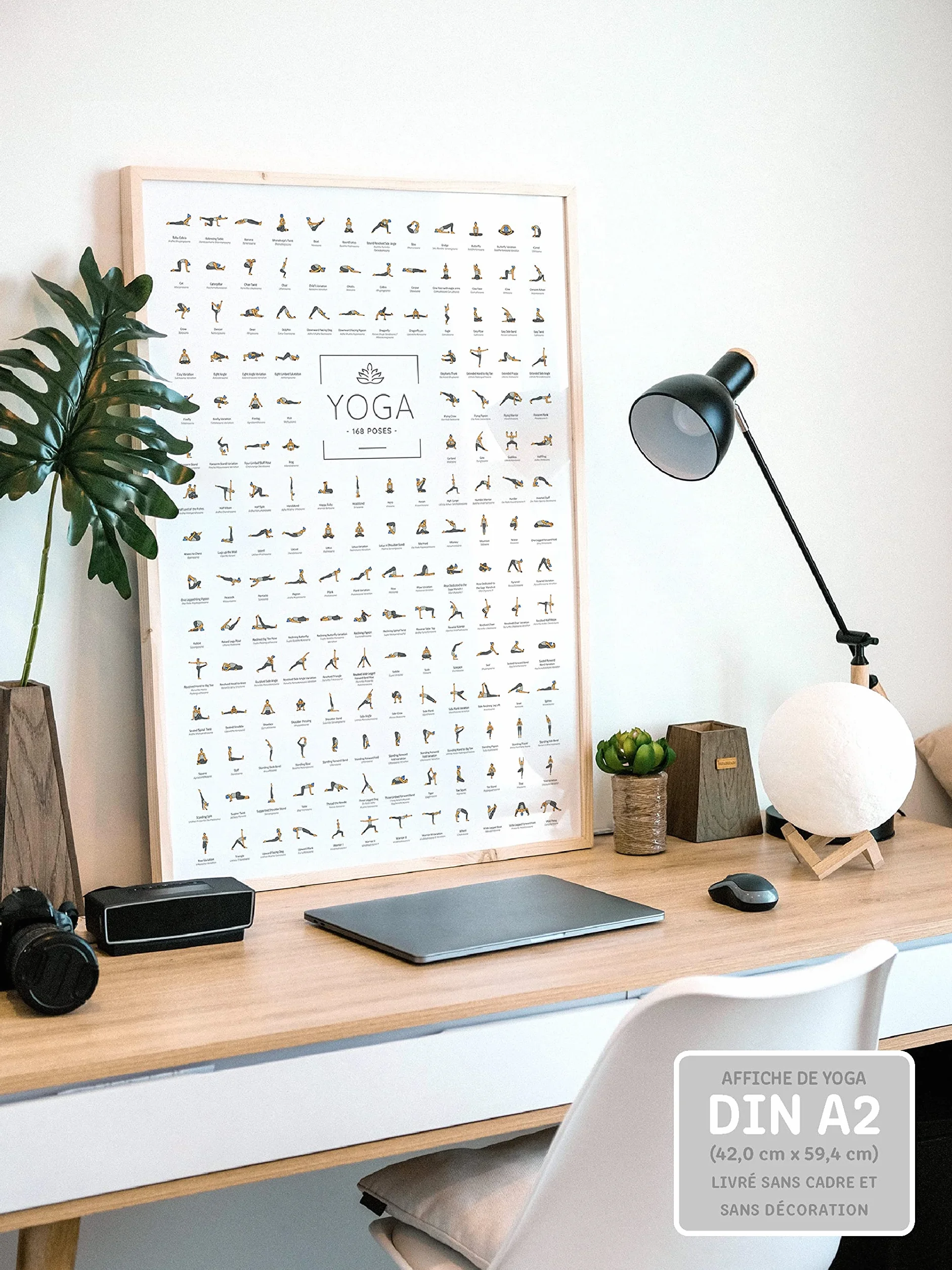 Poster de Yoga DIN A2 168 postures et asanas, accessoires de yoga pour studios et domicile JUNOMI