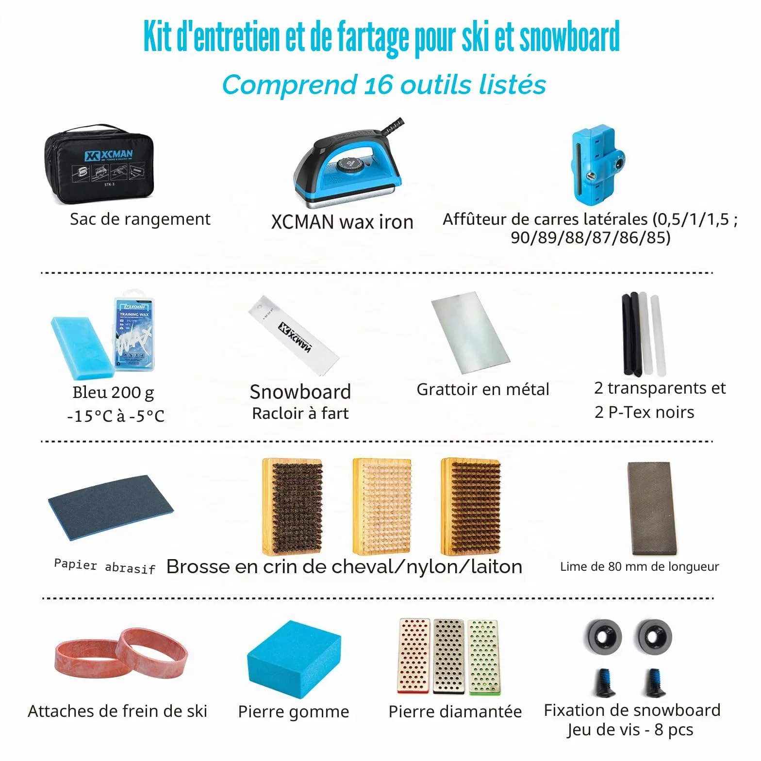 Kit complet XCMAN réglage fartage ski snowboard fer à cirer cire ski régleur bord latéral réparation base Ptex pierre gommeuse diamantées