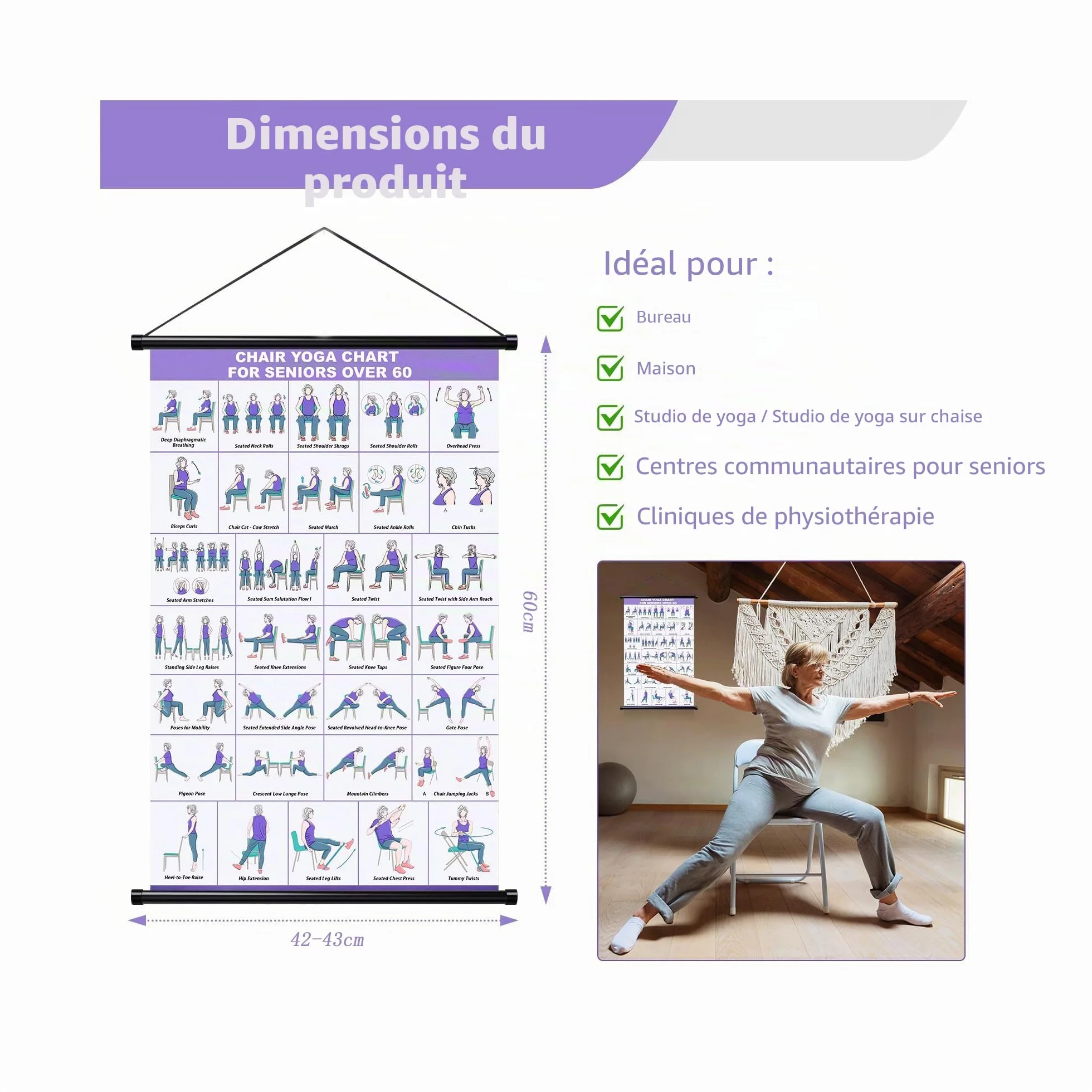 Affiche de yoga sur chaise pour seniors débutants – tableau mural en tissu avec barres de suspension – guide étirement sport maison