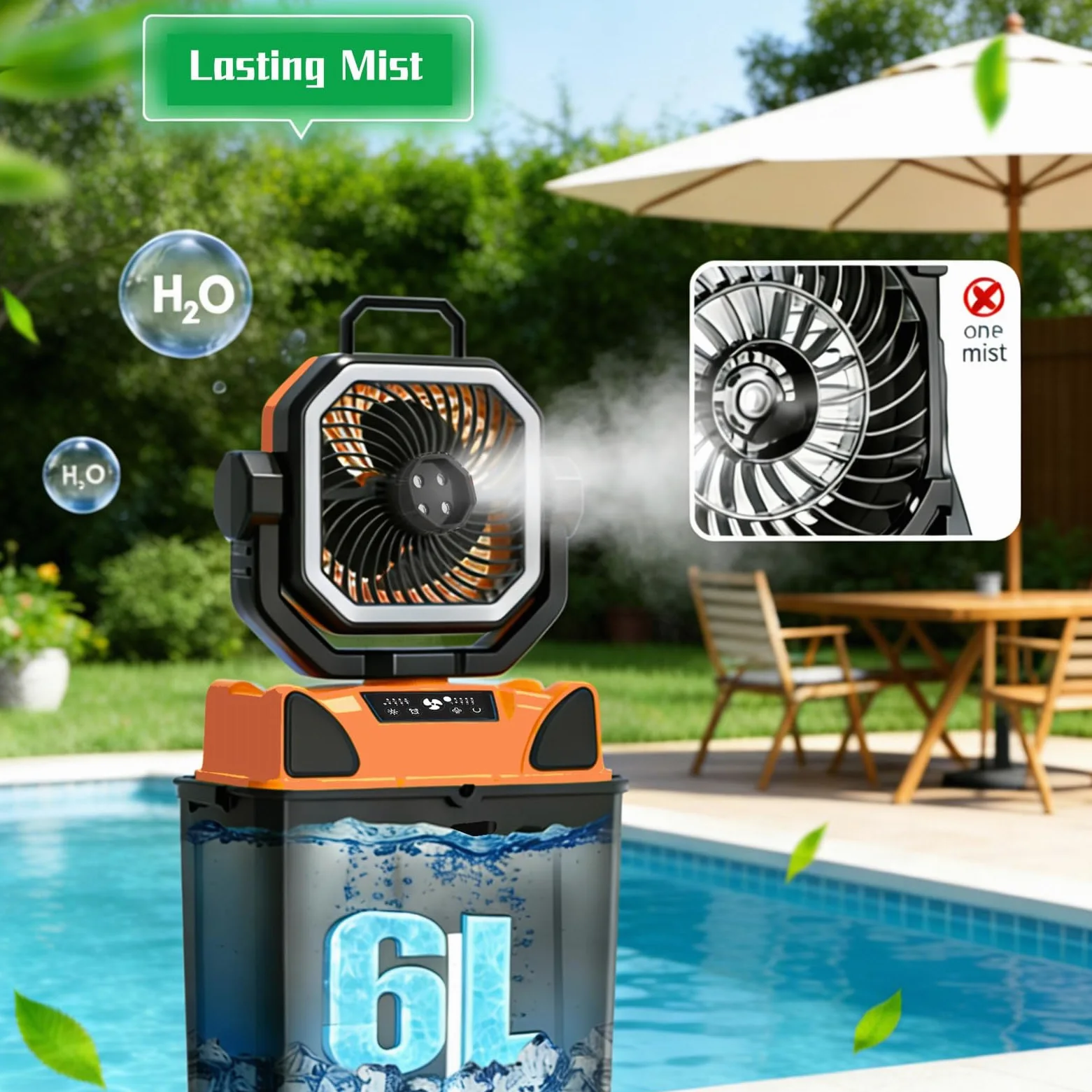 Elprico 3 in 1 Ventilateur de Camping Rechargeable, Ventilateur Brumisateur Portable 6 L avec Lumière LED, Télécommande, alimenté par Batterie 20 000 MAh pour Tente, T