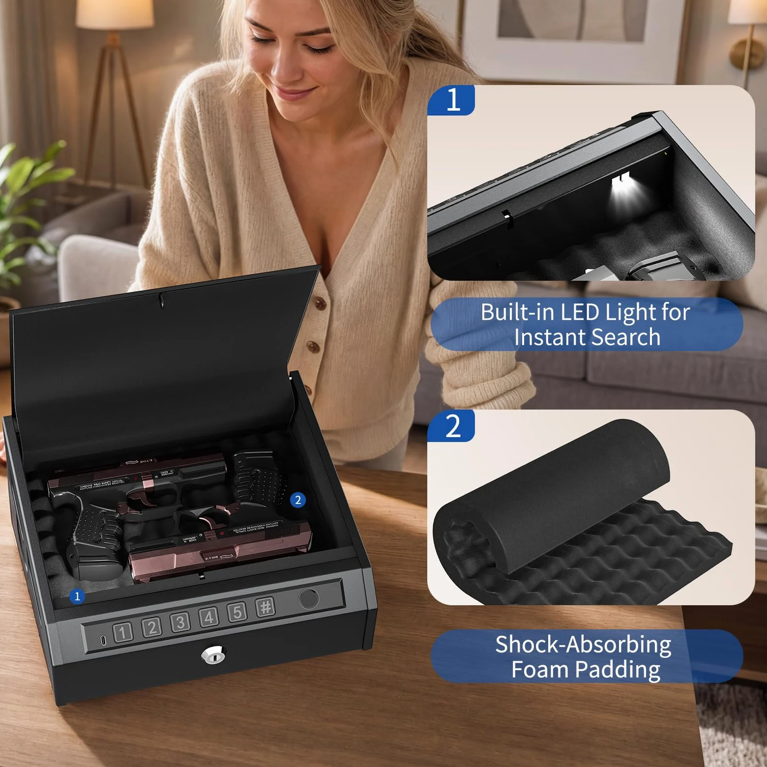 WASJOYE Coffre-fort pour pistolet biométrique à accès rapide, 3 en 1 pour empreintes digitales, code PIN et clé avec lumière LED, coffre-fort portable en alliage d'acier pour la maison et la voiture