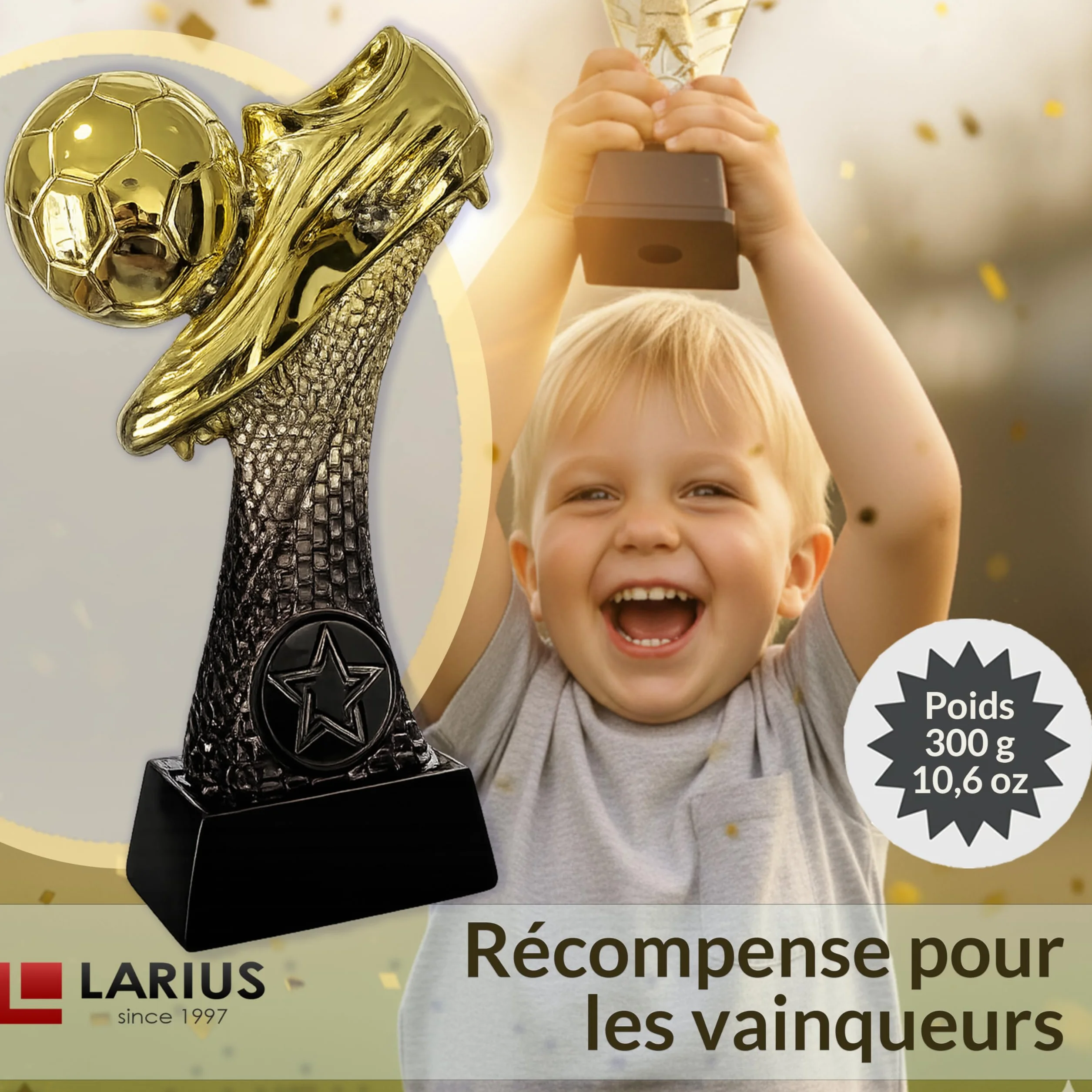 Larius Trophée de football 16 à 21,5 cm (300 à 500 g) - Coupe de vainqueur avec/sans gravure - Coupe de football pour enfants et adultes - Tournoi MVP, récompense - F6
