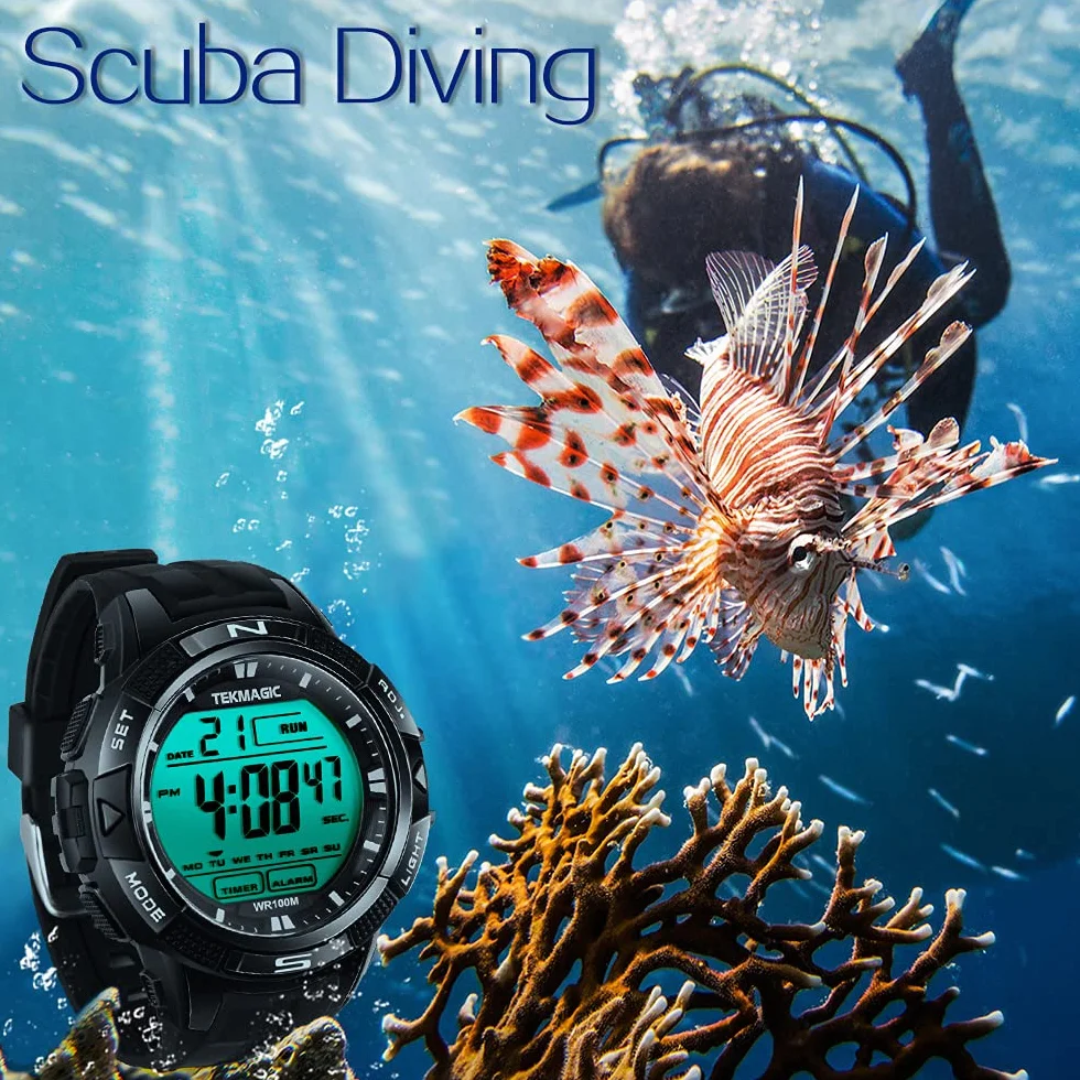Montre de Natation Numérique Submersible Étanche 100 m Alarme Chronomètre Double Fuseau Horaire Compte à Rebours 12/24 Heures