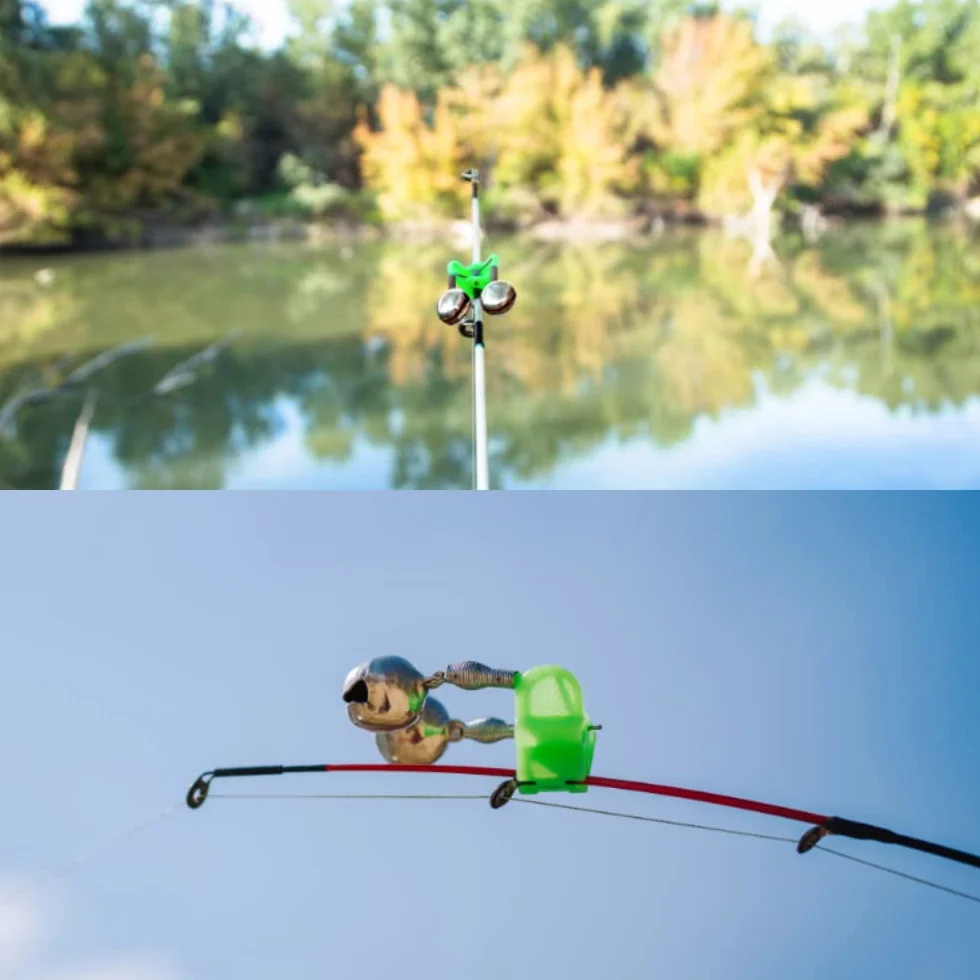 Clochette de Peche, 10 Pcs Alarme de Pêche, Cloche D'alarme de Pêche pour la Pêche en Mer Cannes à Pêche en Plein Air Accessoires de Pêche, Métal(Ton Vert et Argent)