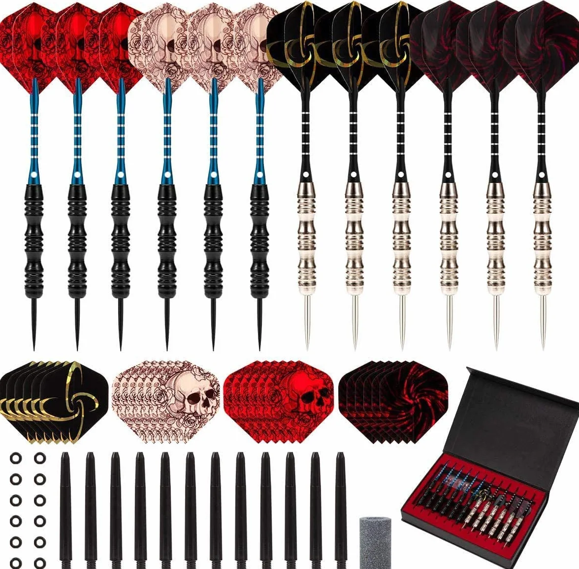 POFET fléchettes à pointe en acier 22 g corps fer antidérapant tiges aluminium 4 styles ailettes boîte cadeau