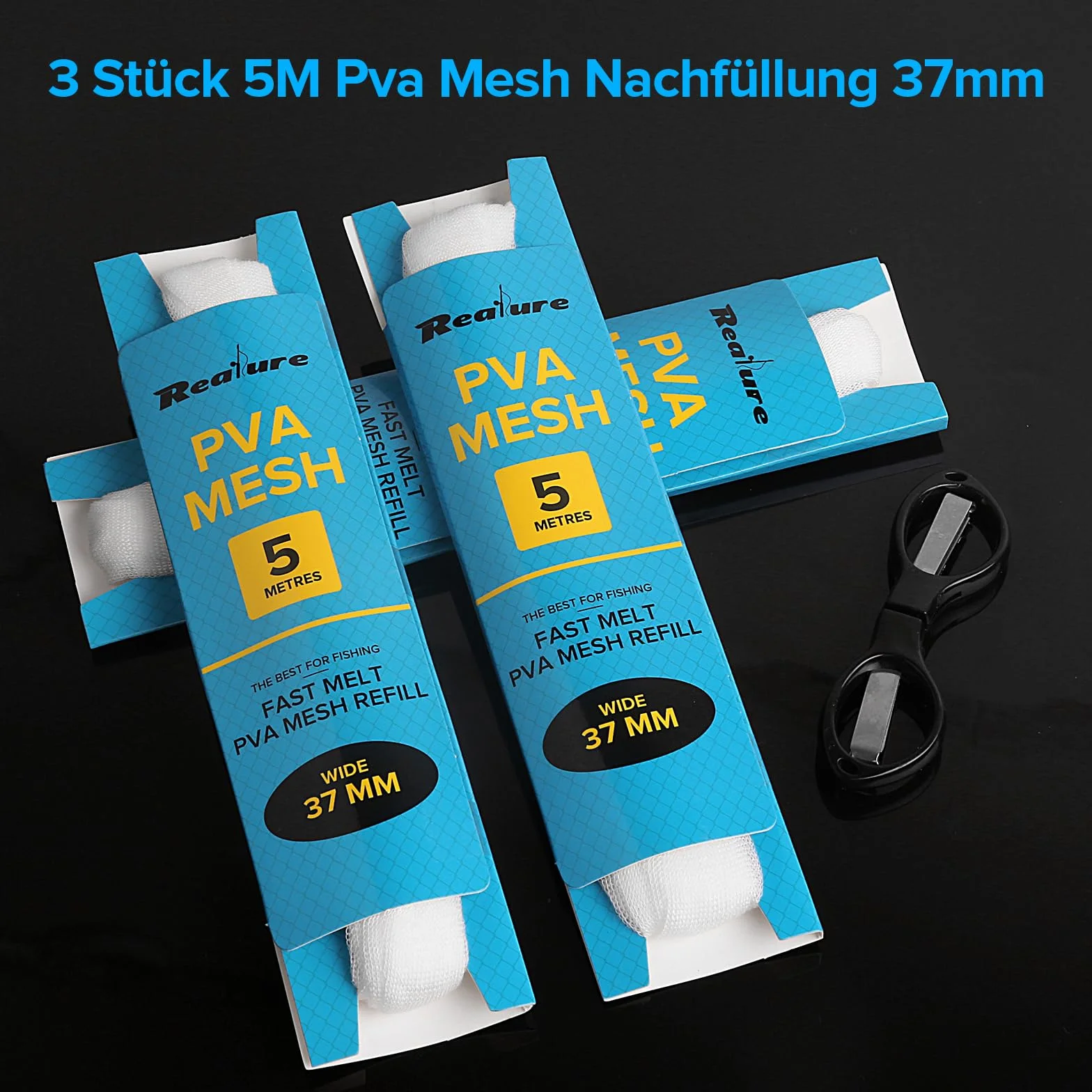 Realure Lot de 3 filets de pêche en PVA de 5 m - 25 mm/37 mm/44 mm de large - En maille PVA - Accessoires de pêche à la carpe - Avec ciseaux - Fondant rapidement - Sacs de pêche en PVA - Pour appâts