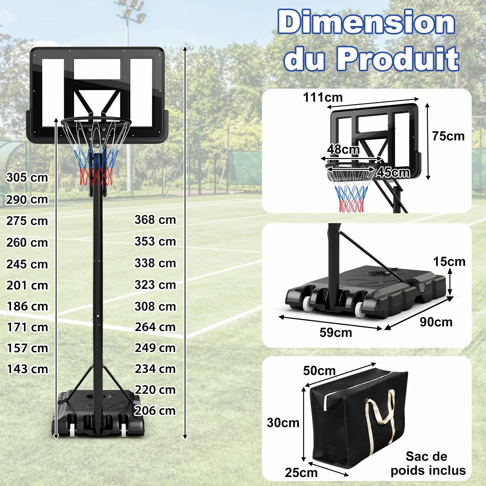 COSTWAY Panier de Basket-Ball Hauteur Réglable 145-305cm, Support Portable à Roulettes avec Base Remplissable, Panneau Arrière 111cm