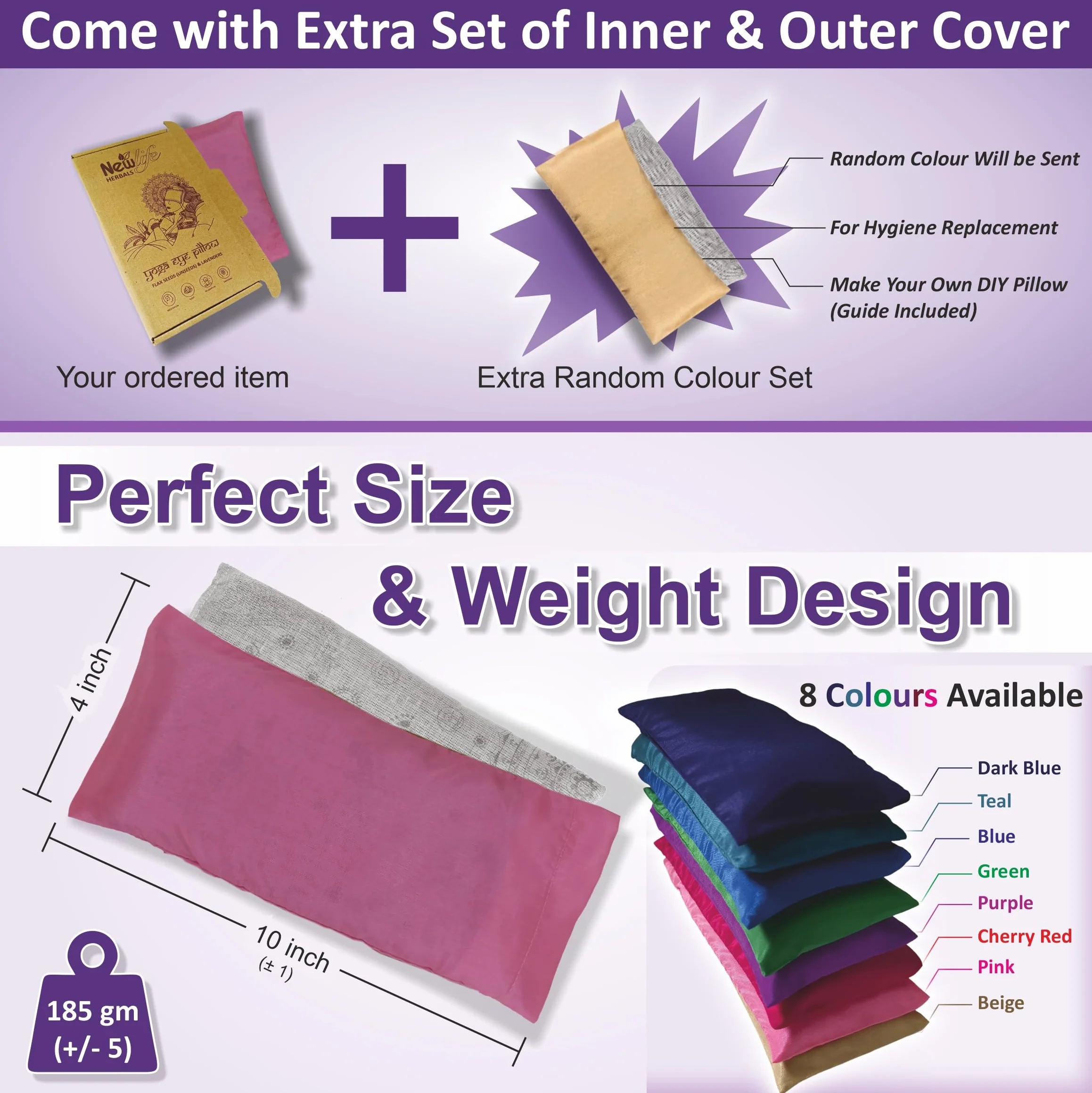 Oreiller de yoga pour les yeux, lavande, coton, graines Flex, violet vert rose bleu