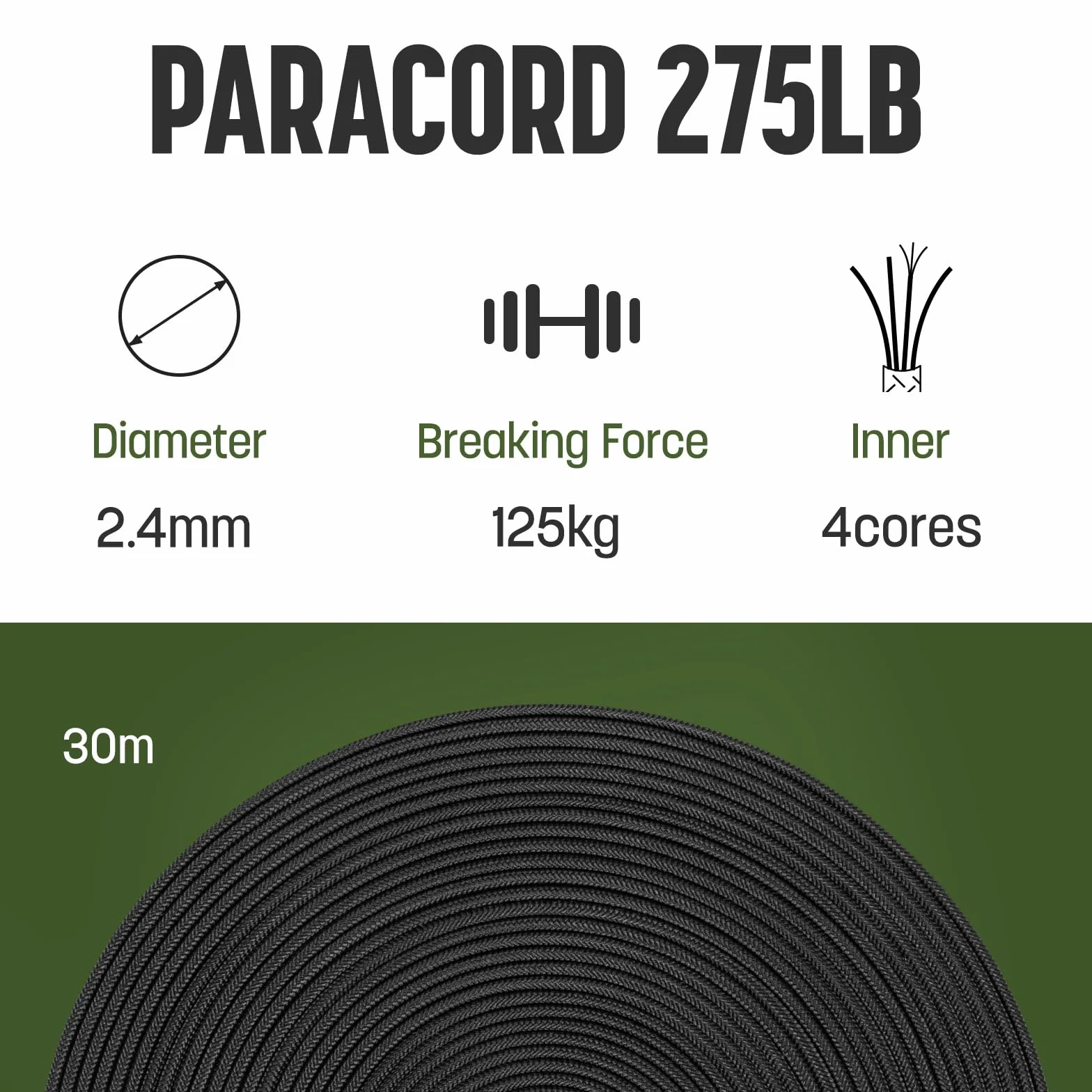 Paracorde 2,4mm x 30m 4 Brins 275lbs Nylon Polyester Résistance UV Abrasion Noir