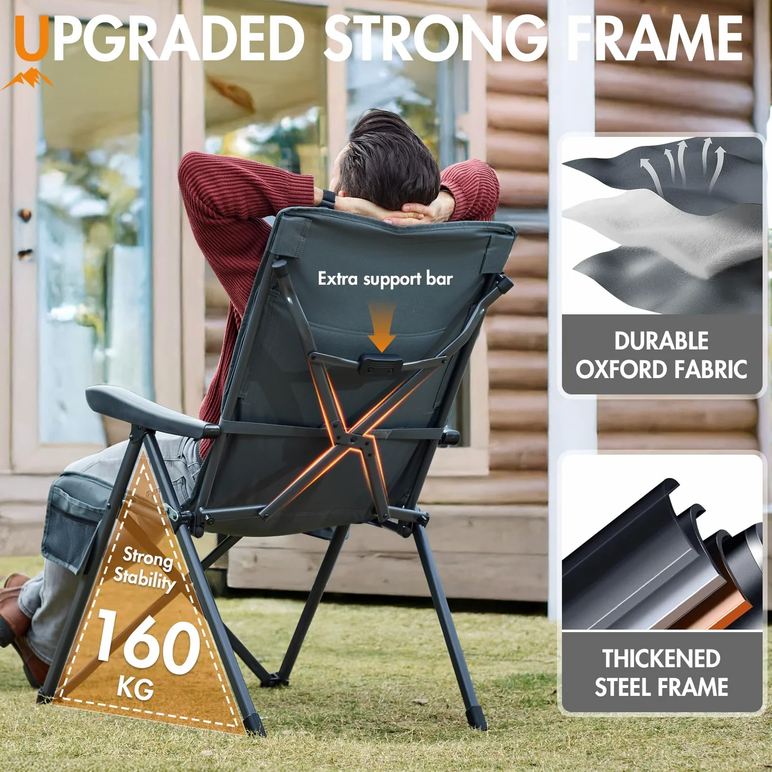 Portal Chaise Pliante Camping – Fauteuil de Jardin Portable Inclinable 160kg, Dossier Haut Réglable 3 Positions – Transat Confortable pour Plage, Terrasse, Balcon, Extérieur