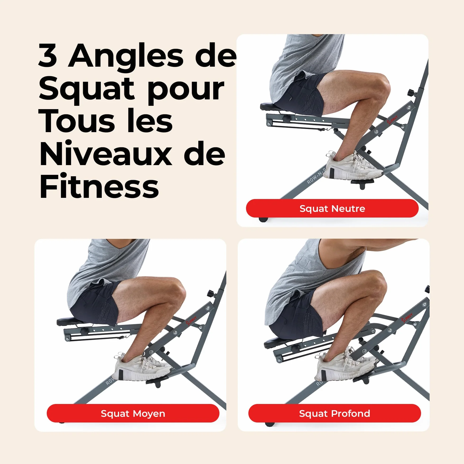 Sunny Health & Fitness Row-N-Ride Connecté Pliable Squat et Rameur | Entraîneur Fessiers et Jambes, 3 Angles de Squat, 4-Résistances, App SunnyFit, 150 kg Charge, Siège et Poignée Réglables