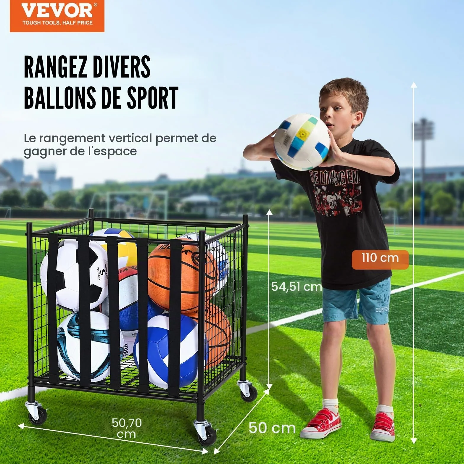 VEVOR Chariot de Rangement à Roulettes pour Ballons de Sport, Cage de Basket-Ball Verrouillable
