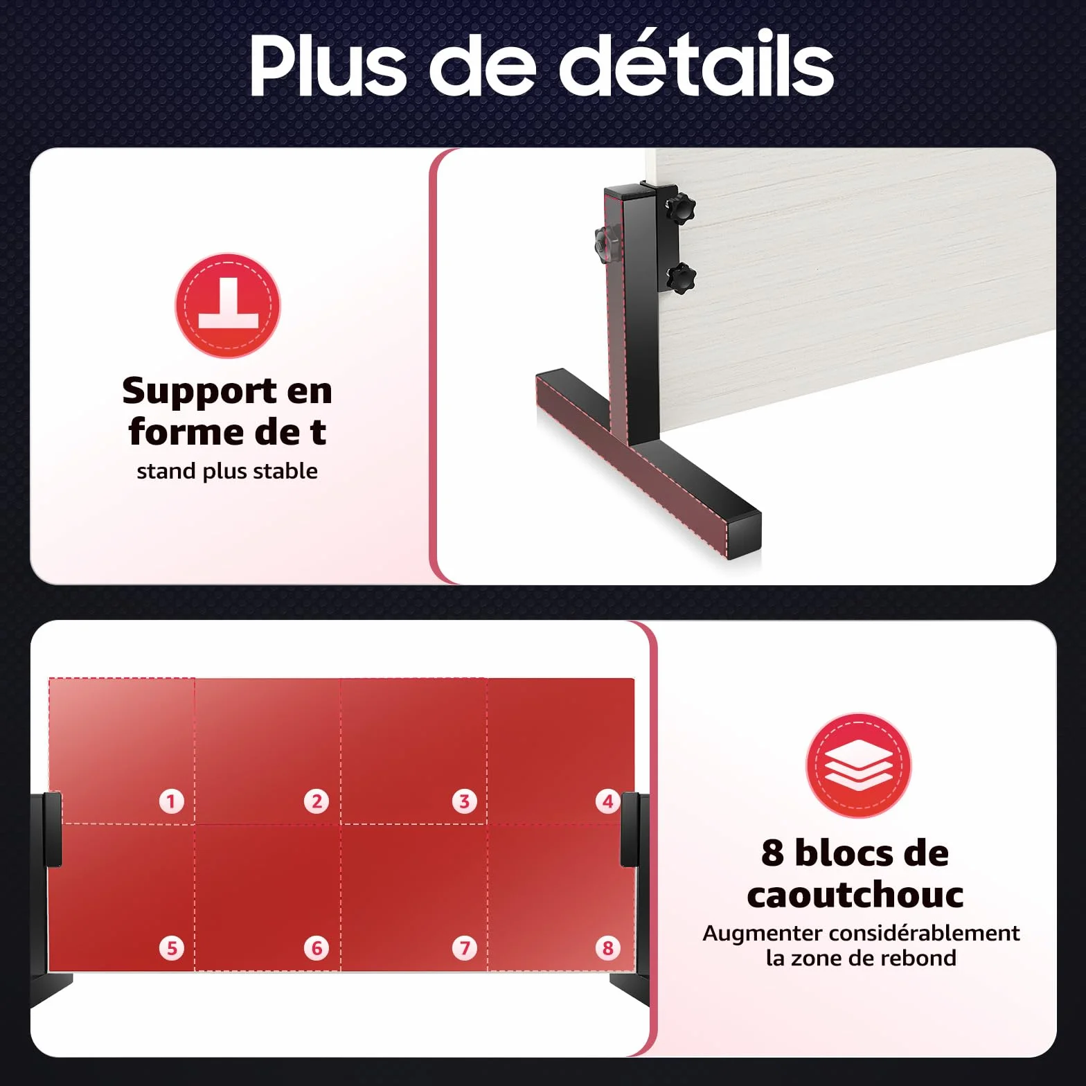 Entraîneur de tennis de table, angle réglable à 360°, 8 blocs en caoutchouc, grande zone d'exercice, tennis de table, planche de rebond avec 7 couches de bois, planche de rebond en acier pour