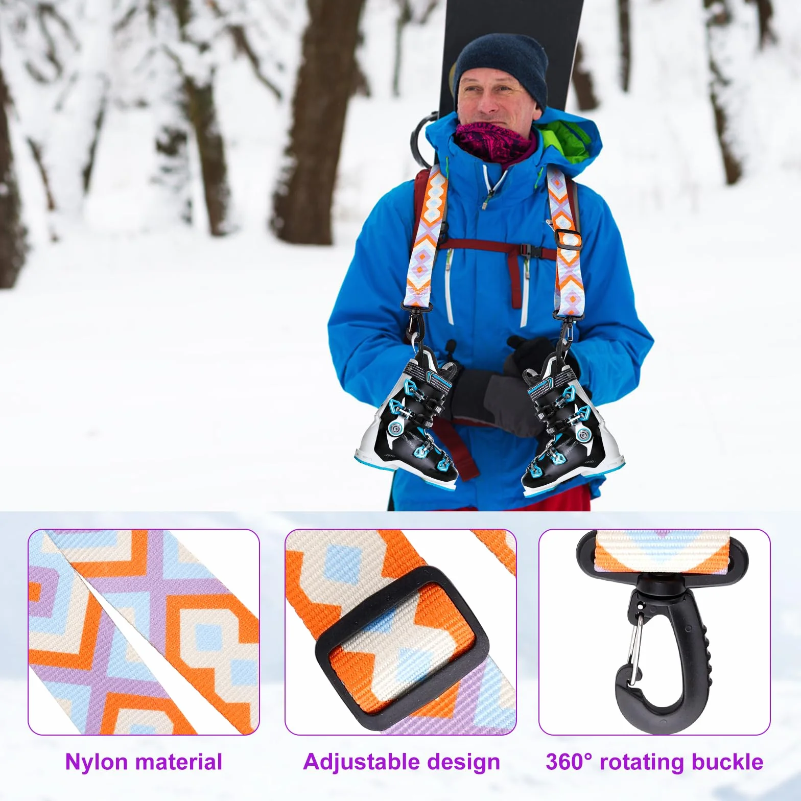 Sangle Baton de Ski, Réglables Sangle Skate avec Boucle Pivotante à 360° Sangle d'Épaule de Ski Laisse de Patins à roulettes Accessoires de Ski pour Ski, Snowboard