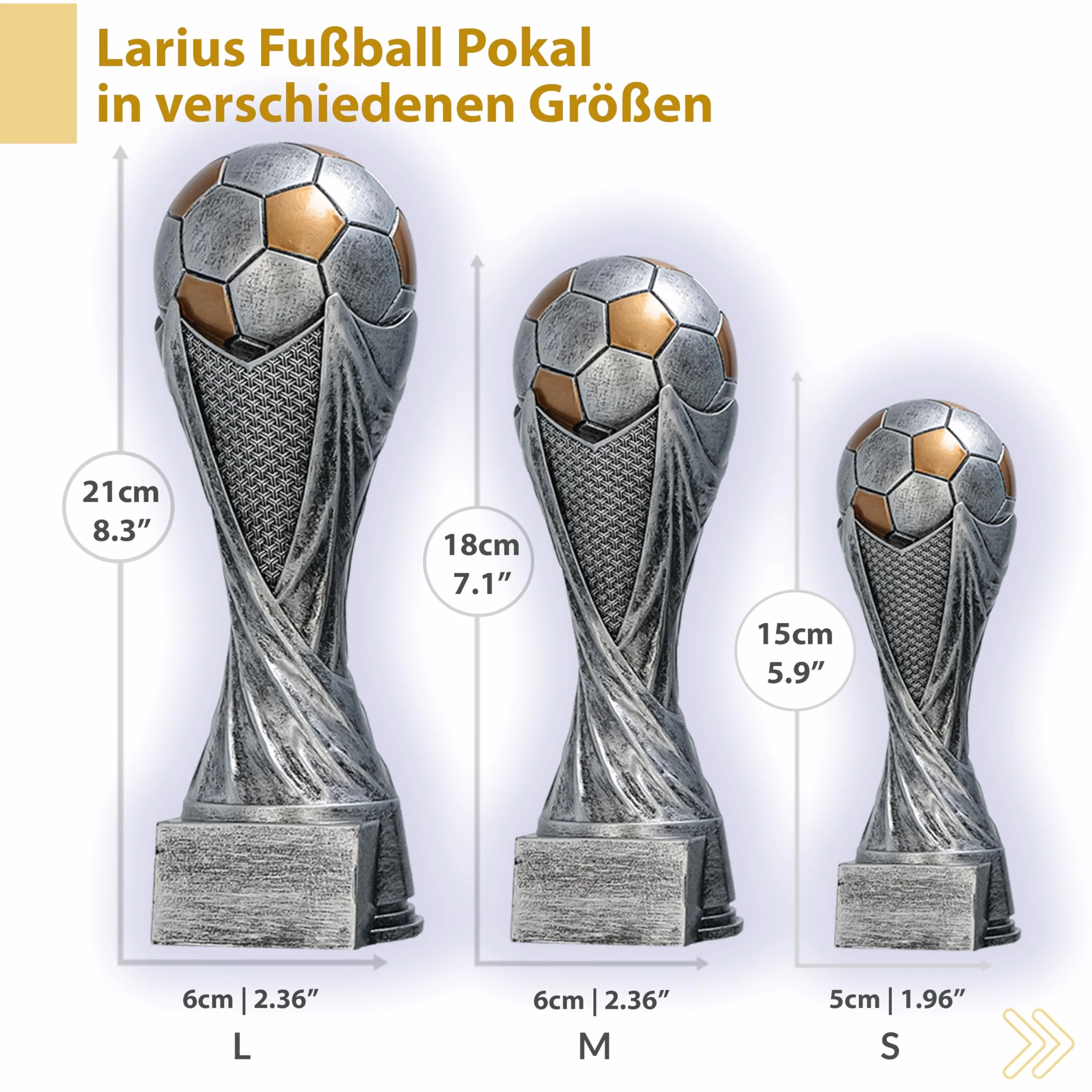Larius Trophée Football avec Ballon 15–21 cm (300–830 g) – Coupe Lourde en Résine avec Gravure Optionnelle – pour Tournois, MVP, Meilleur Buteur & 1re–3e Place – M5