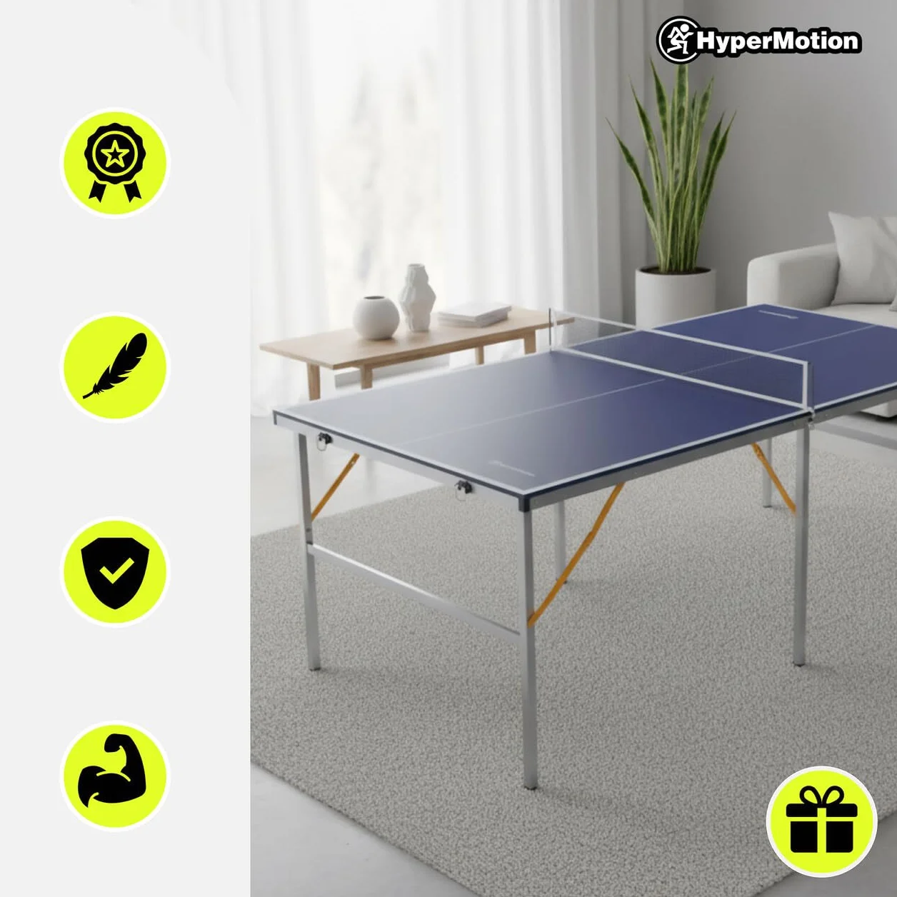 HyperMotion HYP32 Table de Ping Pong Pliante pour Enfants et Adultes, Modèle Compact d’Intérieur avec Filet, Raquettes et Balles, Facile à Transporter