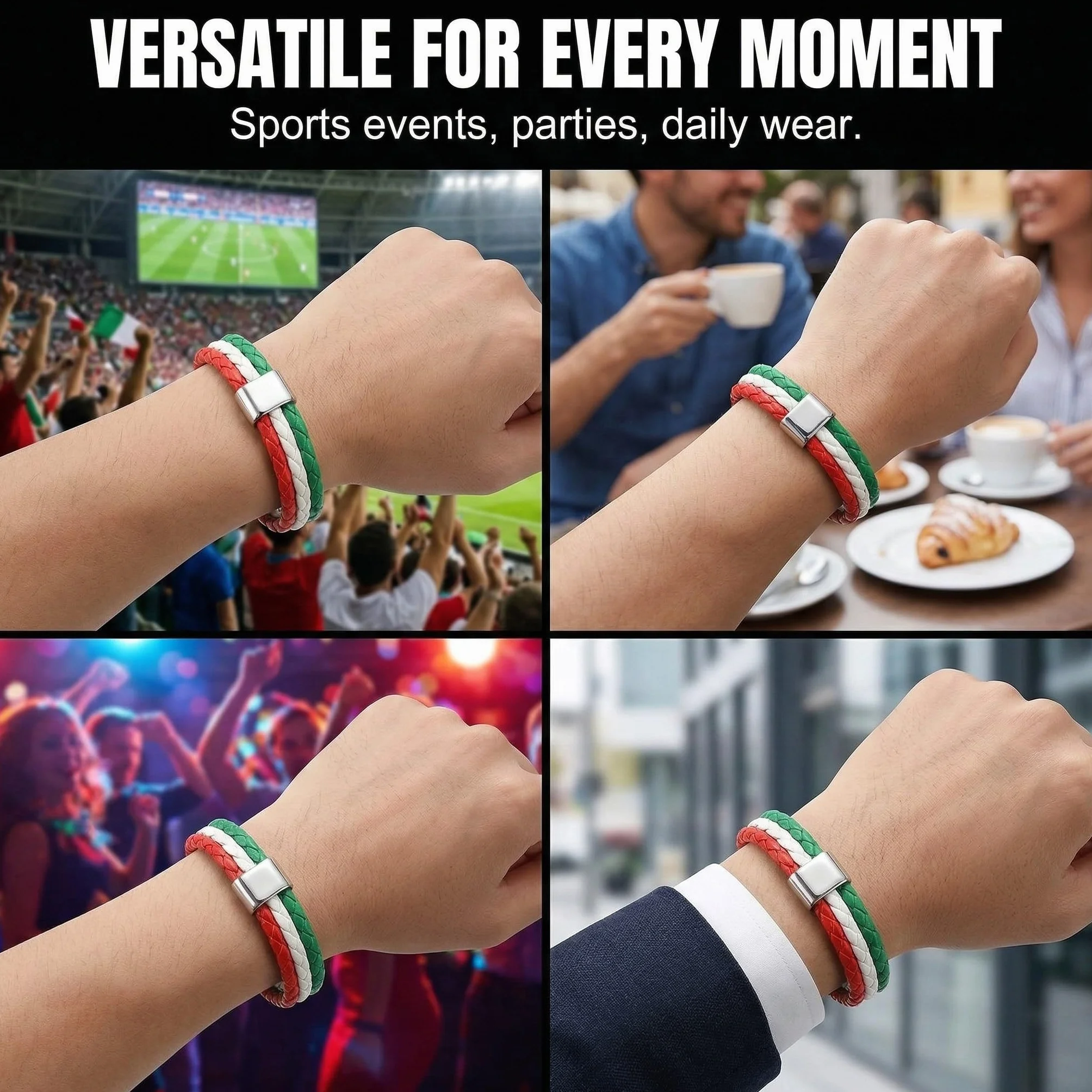 Bracelets Italie Supporter Simili-Cuir Tressé Drapeau Italien Tricolore 22cm