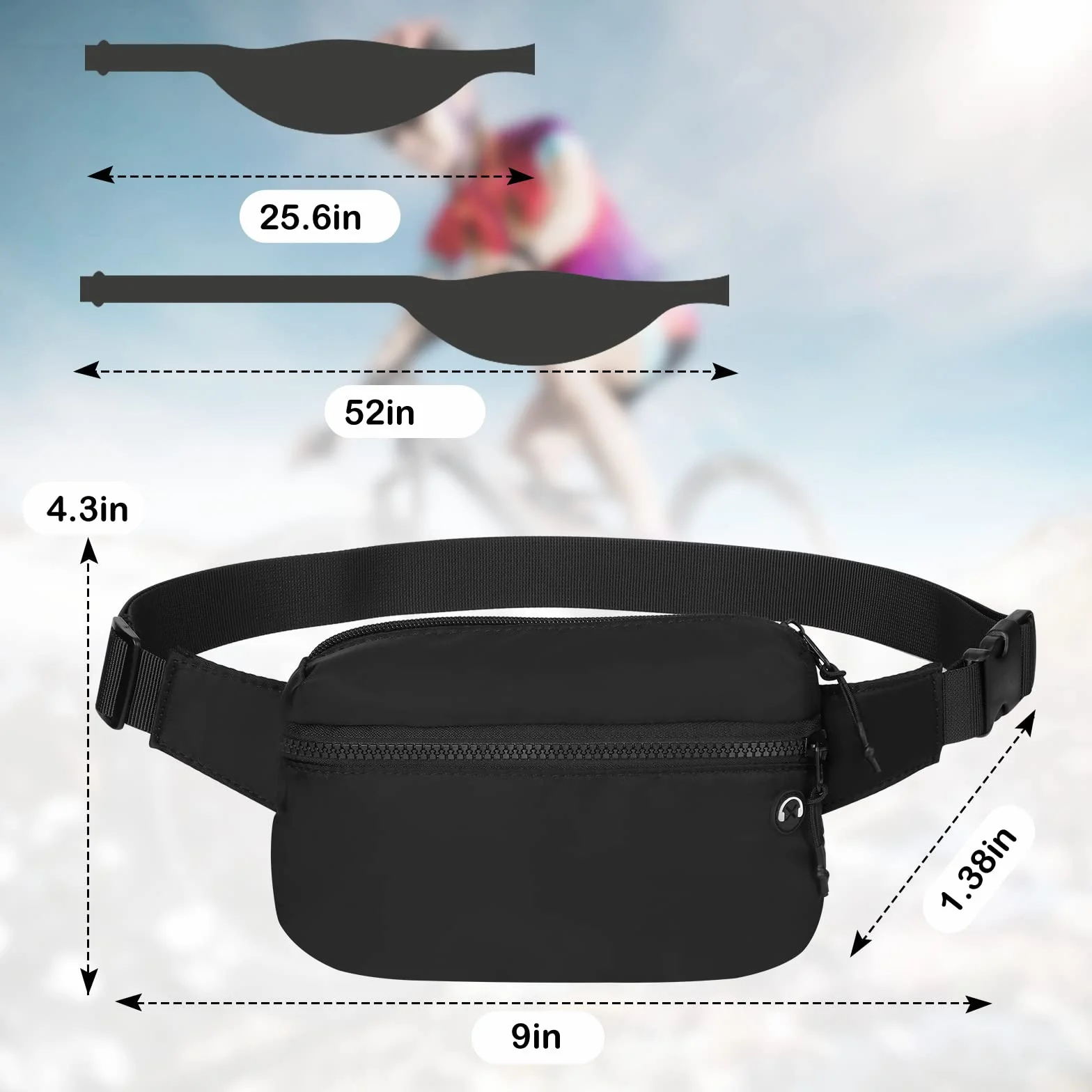 Vinabo Sac Banane Homme Femme Sac Banane Imperméable avec Prise Casque et 2 Poches Chic Sac Banane Ceinture Réglable pour Taille pourd'entraînement en Plein Air Randonnée Camping