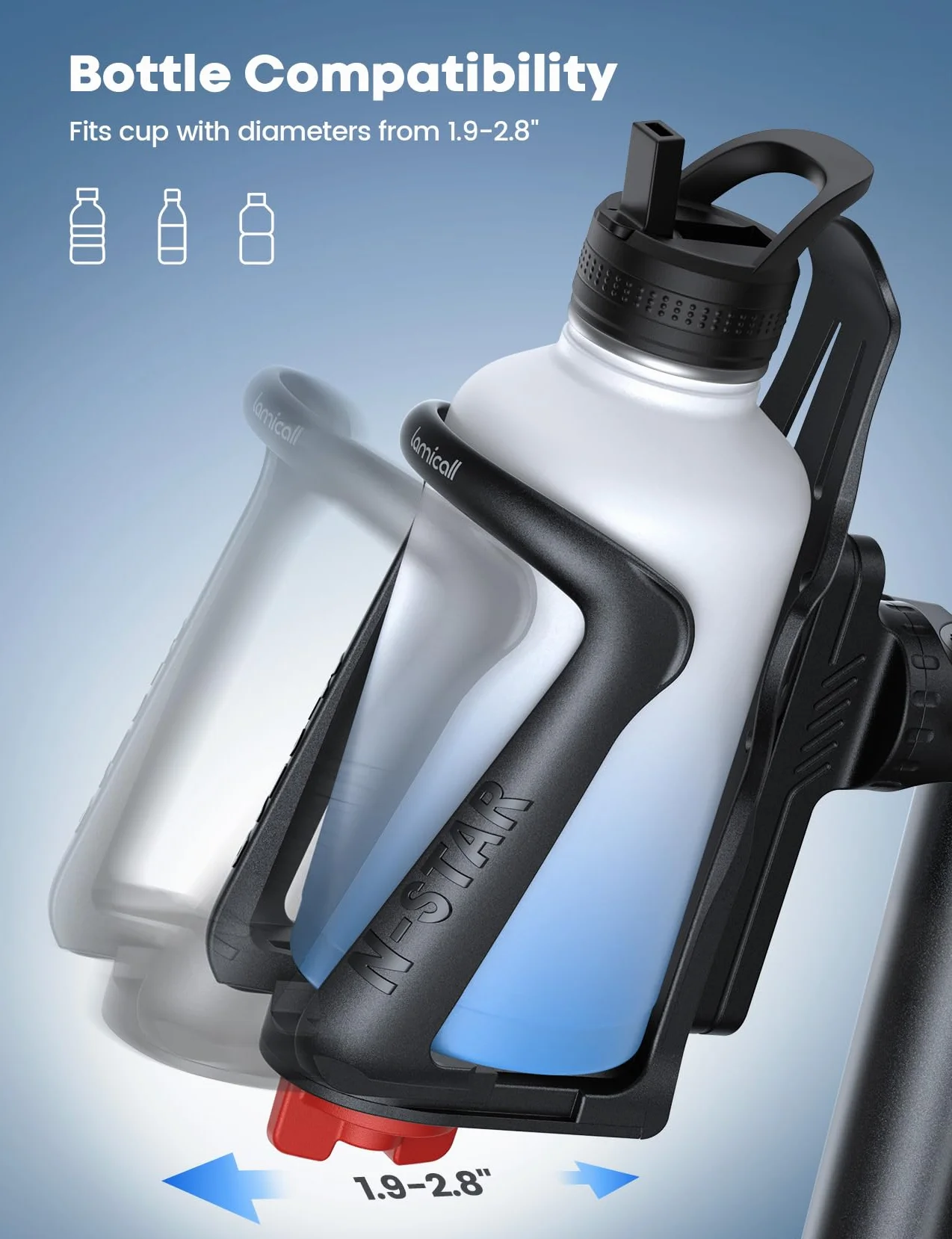 Lamicall Porte Bidon Vélo, Porte Gourde Vélo pour Bouteilles 48-71mm, Guidon Cadre, Taille Réglable, Outil à Vis, Porte-bidons Durables VTT Noir