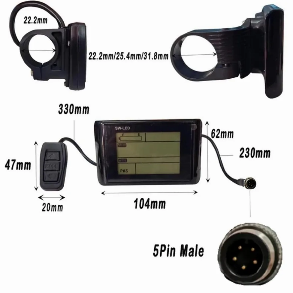 Compteur de Vitesse pour Vélo Électrique SW-LCD Écran LCD pour Vélo Électrique 36V/48V Affichage LCD Panneau de Contrôle avec 5-Pin Prise